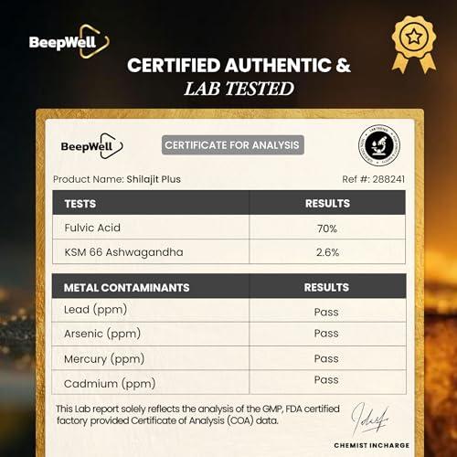 BeepWell BeepWell Shilajit Resin Himalayan Pure Natural Ashwagandha Maca Root Black Pepper Authentic Chilajil Men Women Gold Ayurvedic, 72% Fulvic Acid 85+ Trace Minerals, 50 Servings, 40 Grams