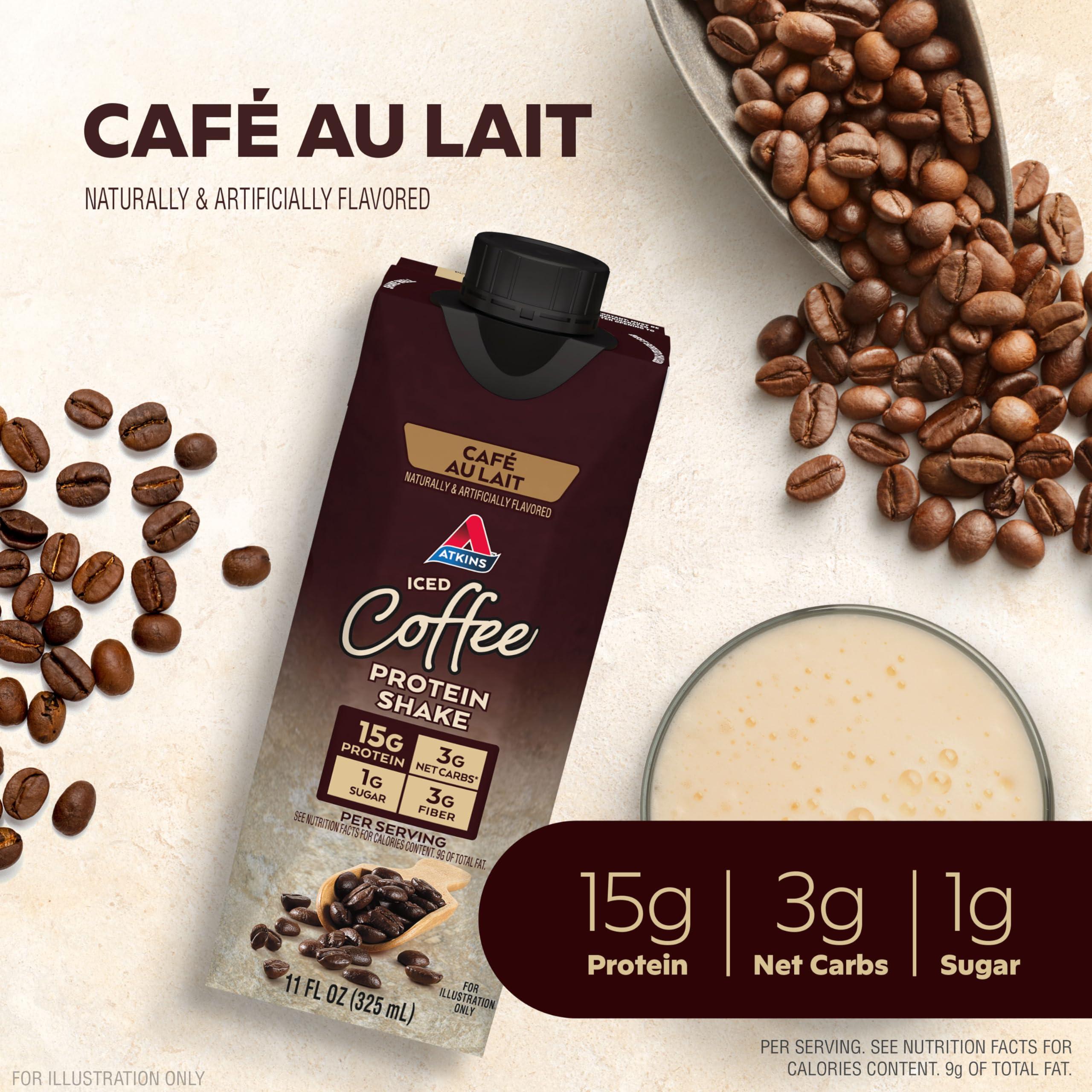 Atkins Atkins Caf au Lait Iced Coffee Protein Shake, 15g Protein, Low Glycemic, 3g Net Carb, 1g Sugar, Keto Friendly, 12 Count