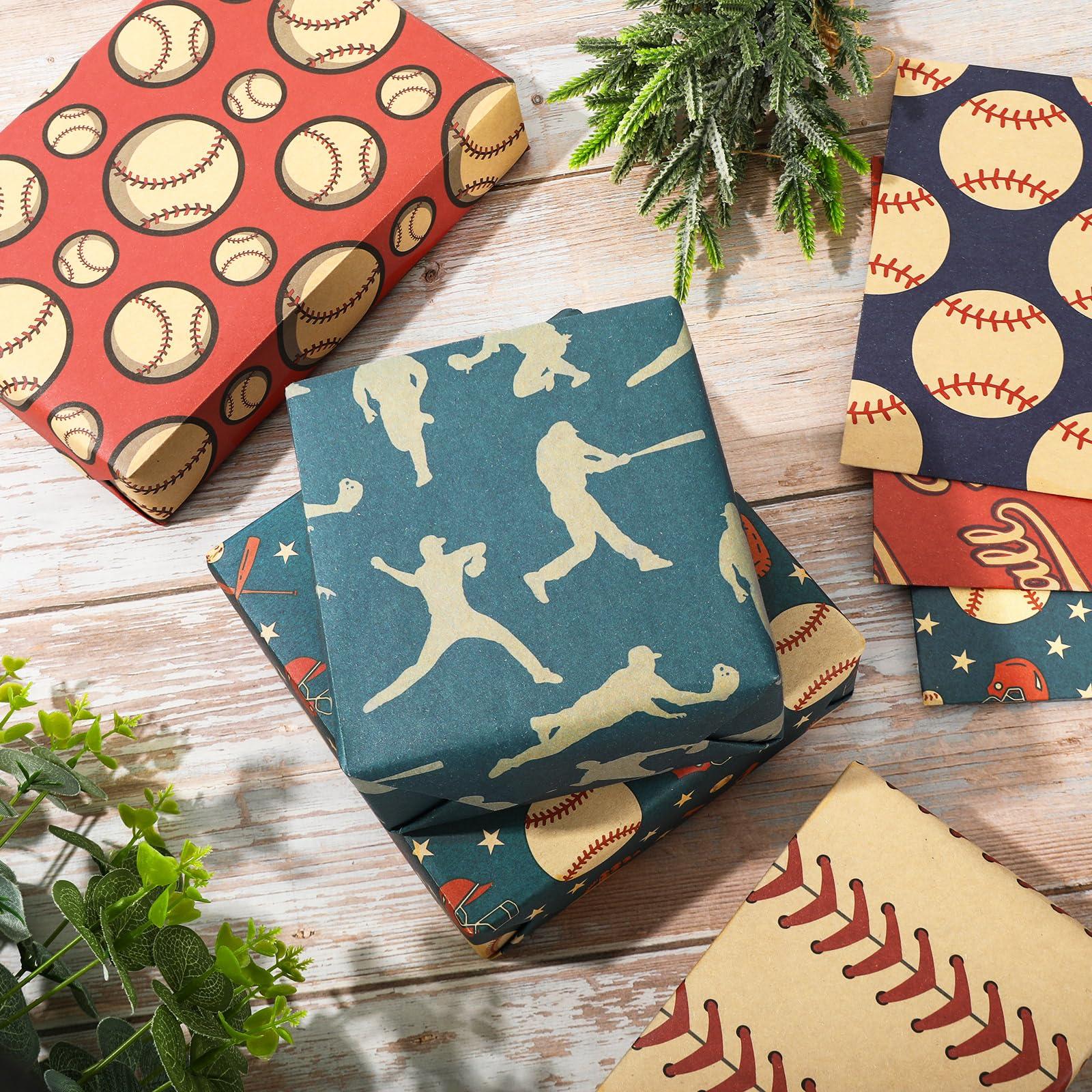 Generic Generic AnyDesign 12 Sheets Baseball Wrapping Paper -Not Roll- Red Blue Gift Wrap Paper Vintage Art Kraft Paper Folded Flat for DIY Crafts Birthday Baby Shower Party Favors Supplies, 19.7 x 27.6 Inch