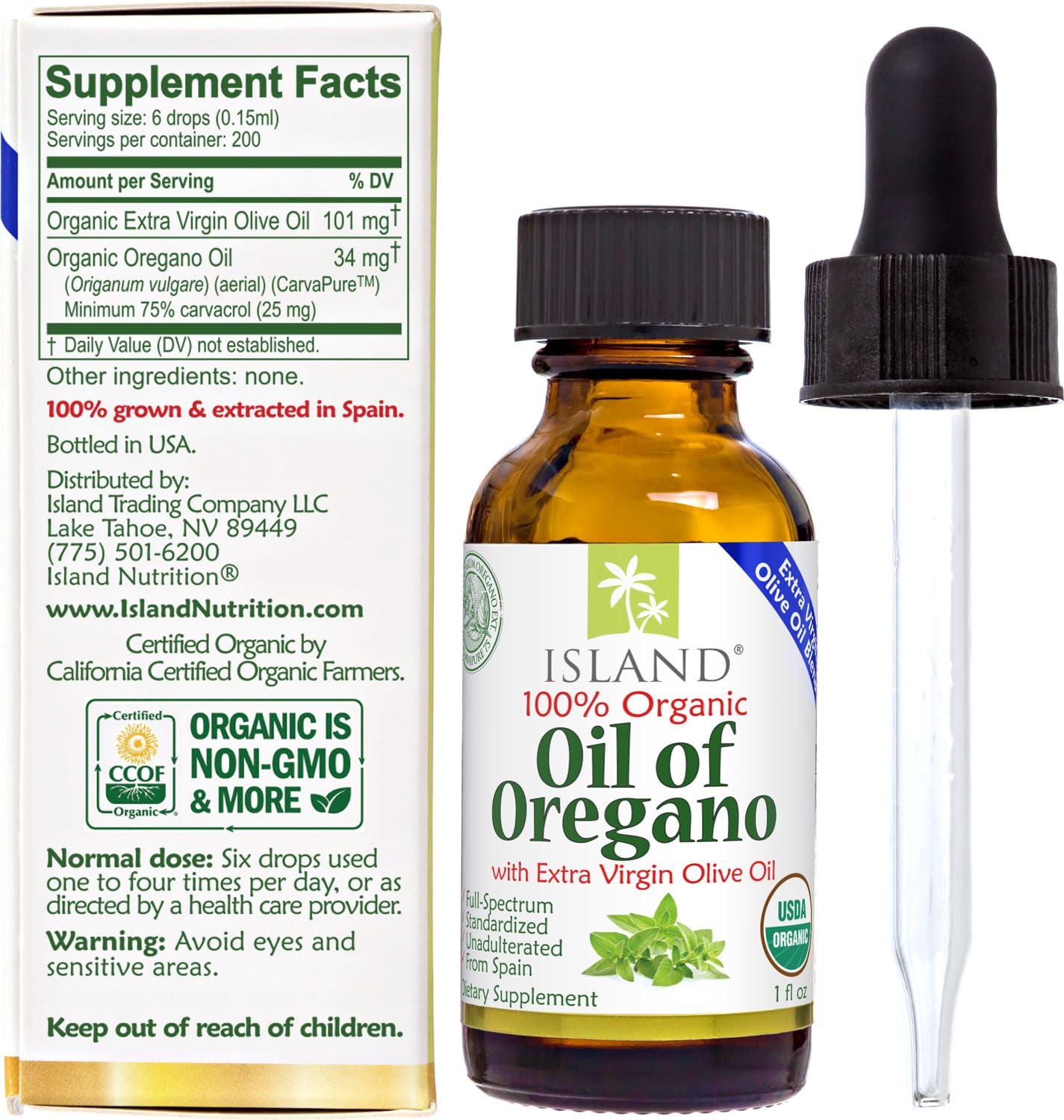 Island Nutrition Island Nutrition, Oil of Oregano Organic Liquid Drops (1 fl oz) - Blend of Organic Oregano Oil & Olive Oil, Grown in Spain