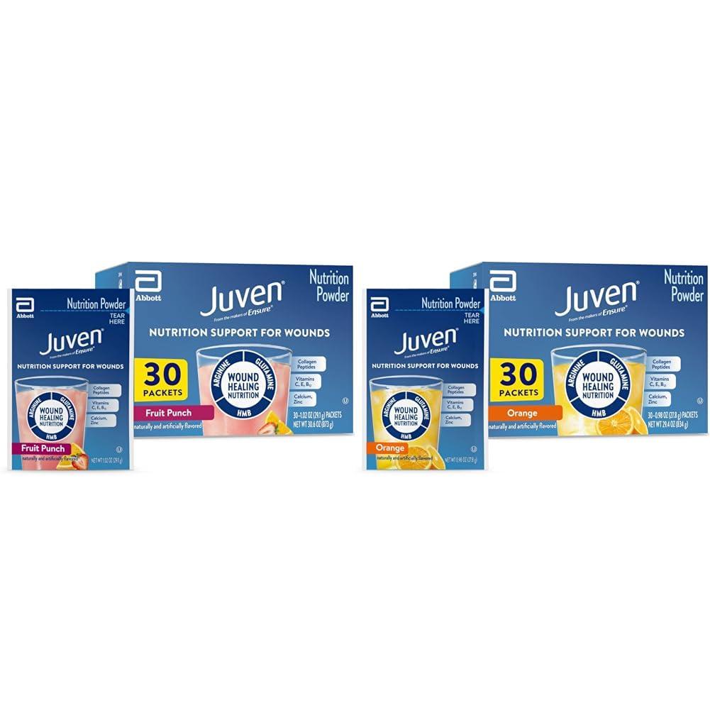 Juven Juven Therapeutic Nutrition Drink Mix Powder for Wound Healing Support, Includes Collagen Protein, Orange 30 Count & Fruit Punch 30 Count, 60 Total Packets
