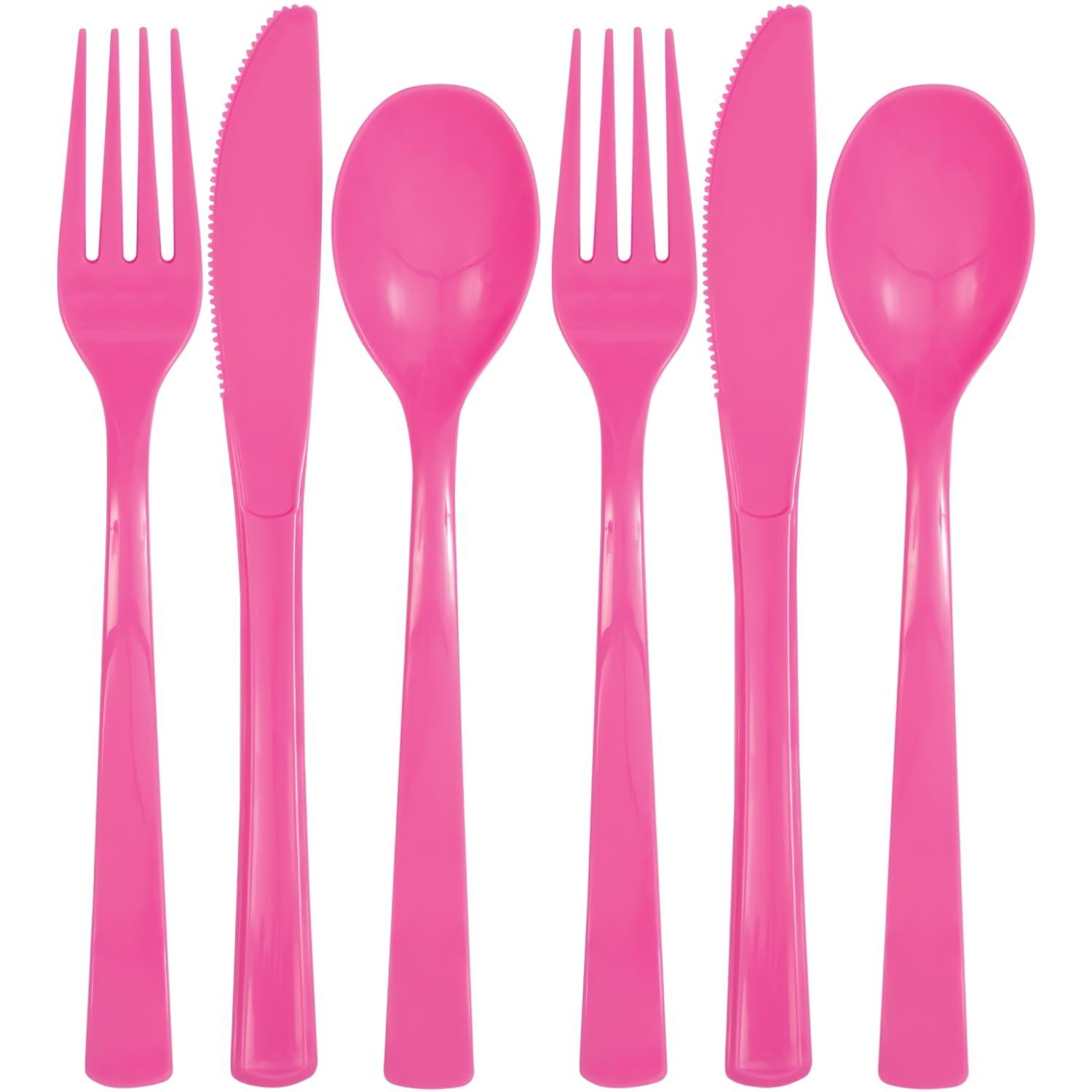 Unique Elegant Hot Pink Assorted Plastic Cutlery - 24 Count - Perfect for Parties, Dinners & Picnics
