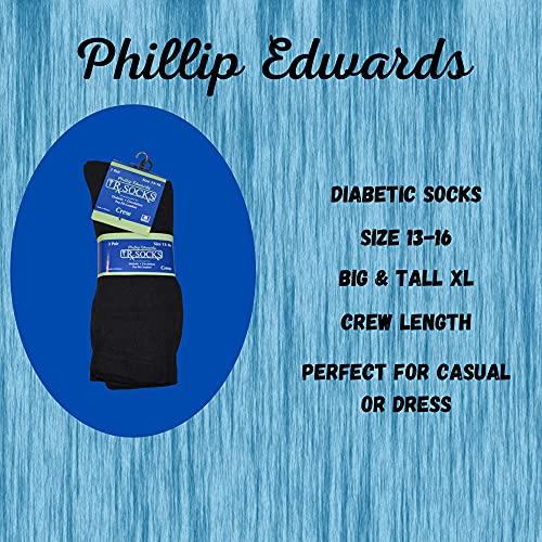 Phillip Edwards Black Diabetic Socks for Men XL Socks Mens 13-16 Non Binding Crew Socks - 6 Pairs Large Cotton Socks for Diabetes Men's Diabetic Dress Socks Extra Large
