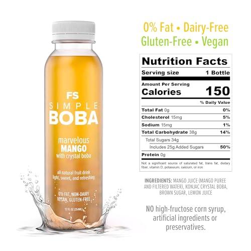 FS FS Simple Boba | Natural Bubble Tea or Juice with Healthy Konjac Crystal Boba Pearls | NO Artificial Ingredients or Preservatives | 0% Fat, Dairy-Free, Gluten-Free, Vegan | 12oz Bottles (Marvelous Mango Juice, 6 Pack)