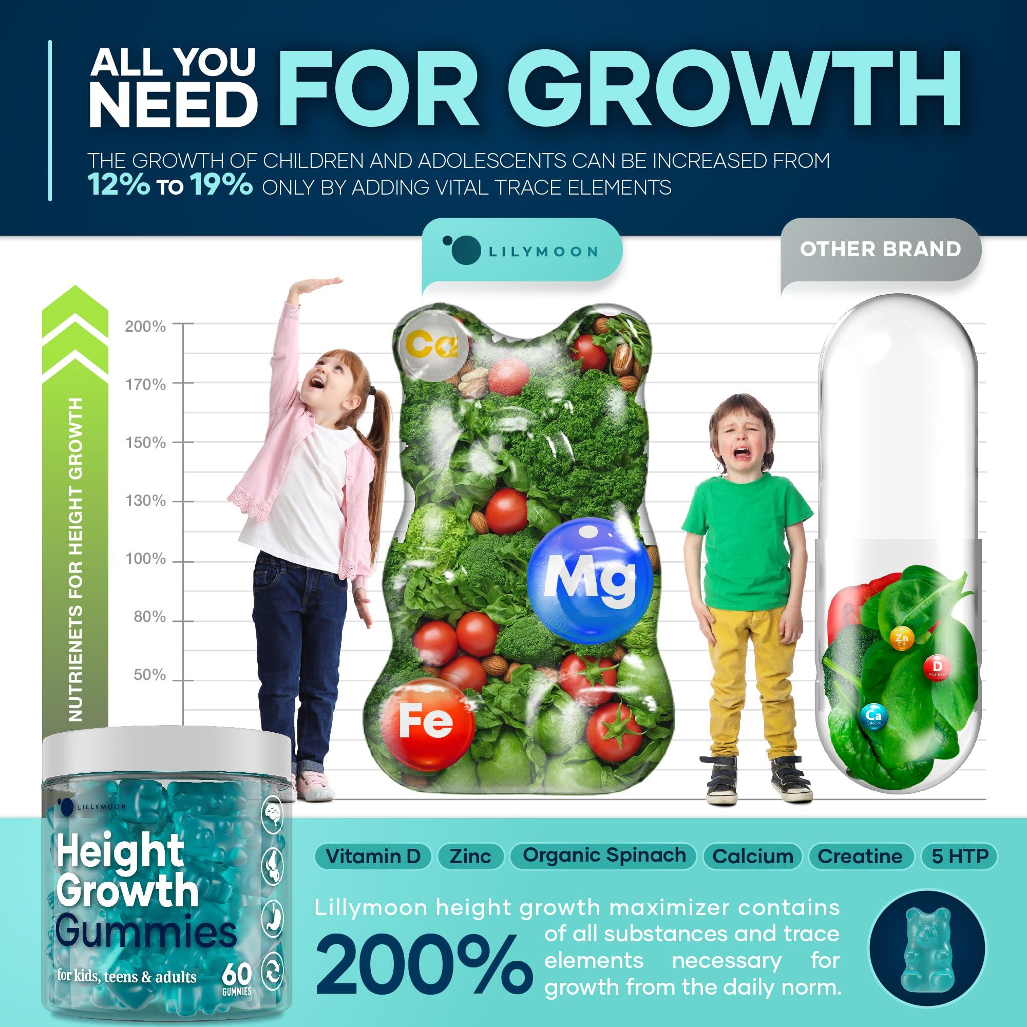 LILYMOON Height Growth Gummies Multivitamins, Natural Height Increase Supplement with Calcium, Zinc, K2 D3, Magnesium, Bone Strength Density Support, Grow Taller Gummies for Adults, Kids, Bone Support Complex
