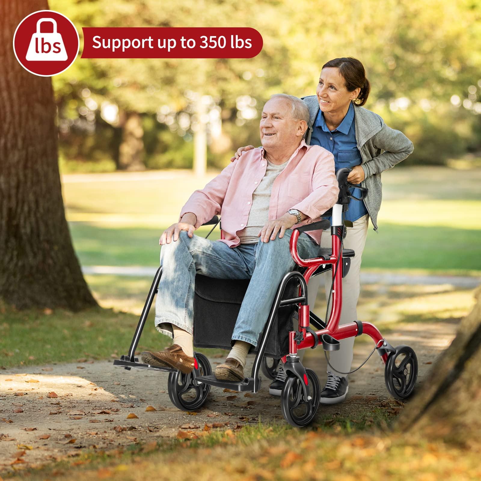 GOFLAME GOFLAME 2-in-1 Rollator Walker for Seniors, Folding Transport Chair with Seat, Reversible Backrest, Storage Bag, Height Adjustable Handle, Umbrella Holder & Pedal, 4 Wheel Mobility Walking Aid, Red