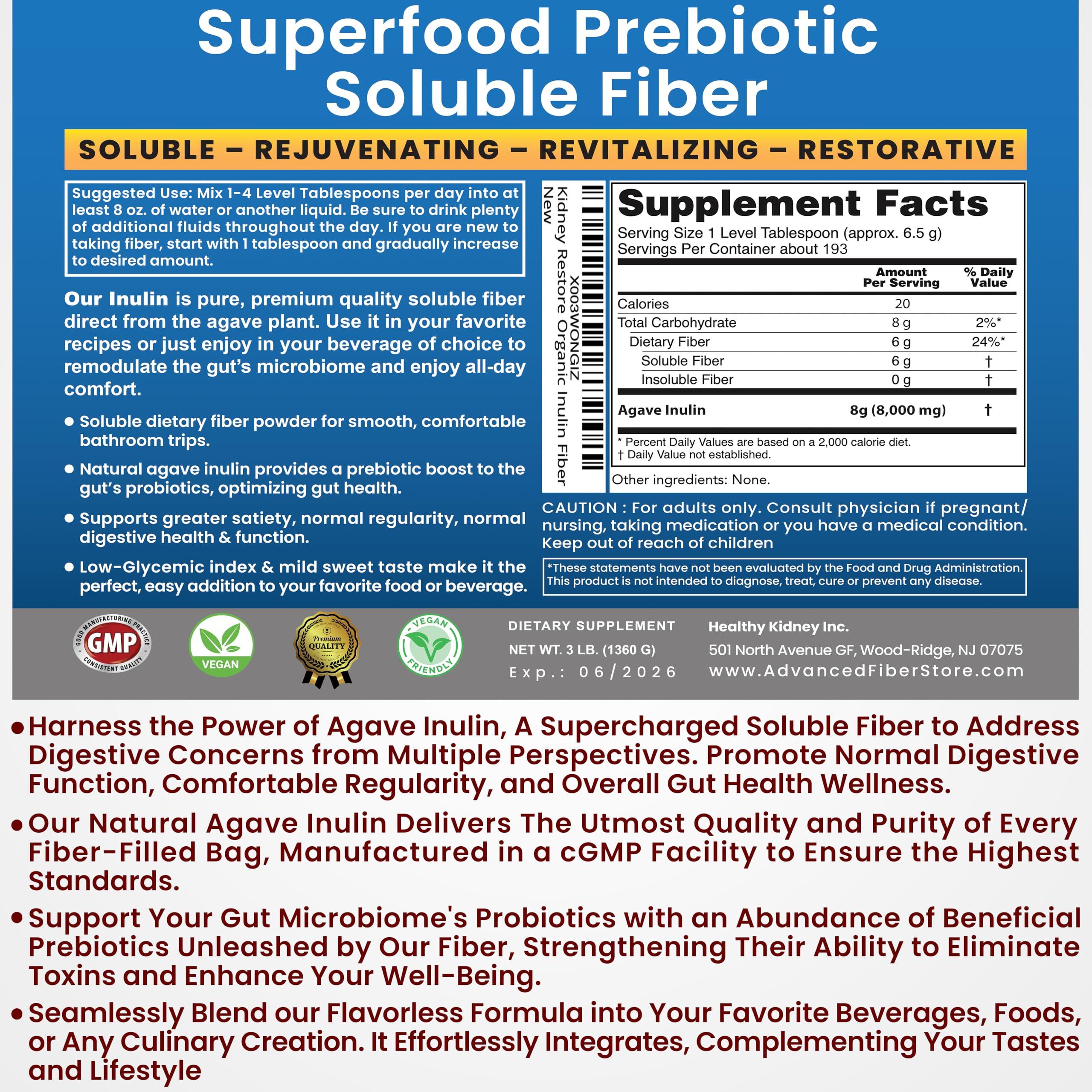 Kidney Restore Inulin Powder (48oz/3 lbs) Gentle Agave Prebiotic Soluble Fiber Supplement for Digestive Support, Gut Health, Vegan Baking, Smoothies & Drinks
