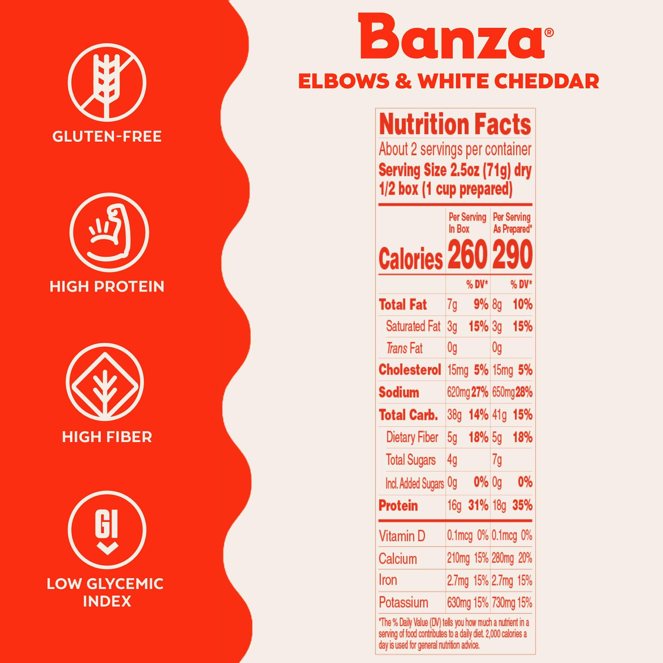 Banza Banza Elbows & White Cheddar Mac and Cheese - High Protein, Gluten Free, and Lower Carb Protein Mac and Cheese - 5.5oz