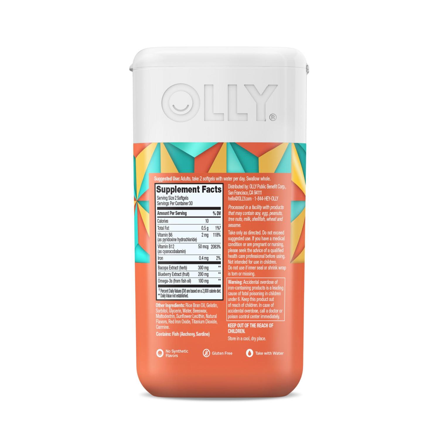 OLLY OLLY Ultra Strength Brain Softgels, Nootropic, Supports Healthy Brain Function, Memory, Focus and Concentration, Omega-3s, Vitamins B6 and B12, 30 Day Supply - 60 Count