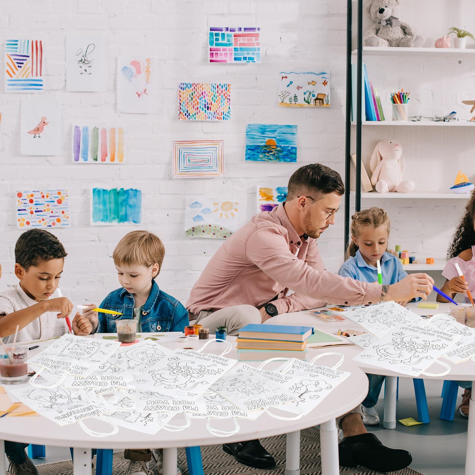 Resurhang Resurhang 100 Pcs Valentines Day Paper Gift Bags with Handle DIY Color Your Own Valentine Bags with Watercolor Pens Valentines Day Goodie Bags for Kids Party Favors Classroom Exchange Gift