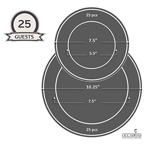 OCCASIONS FINEST PLASTIC TABLEWARE " OCCASIONS " 50 Plates Pack (25 Guests)-Wedding Party Disposable Plastic Plate Set -25 x 10.25'' Dinner + 25 x 7.5'' Salad & Dessert plates (Bali in White & Silver)