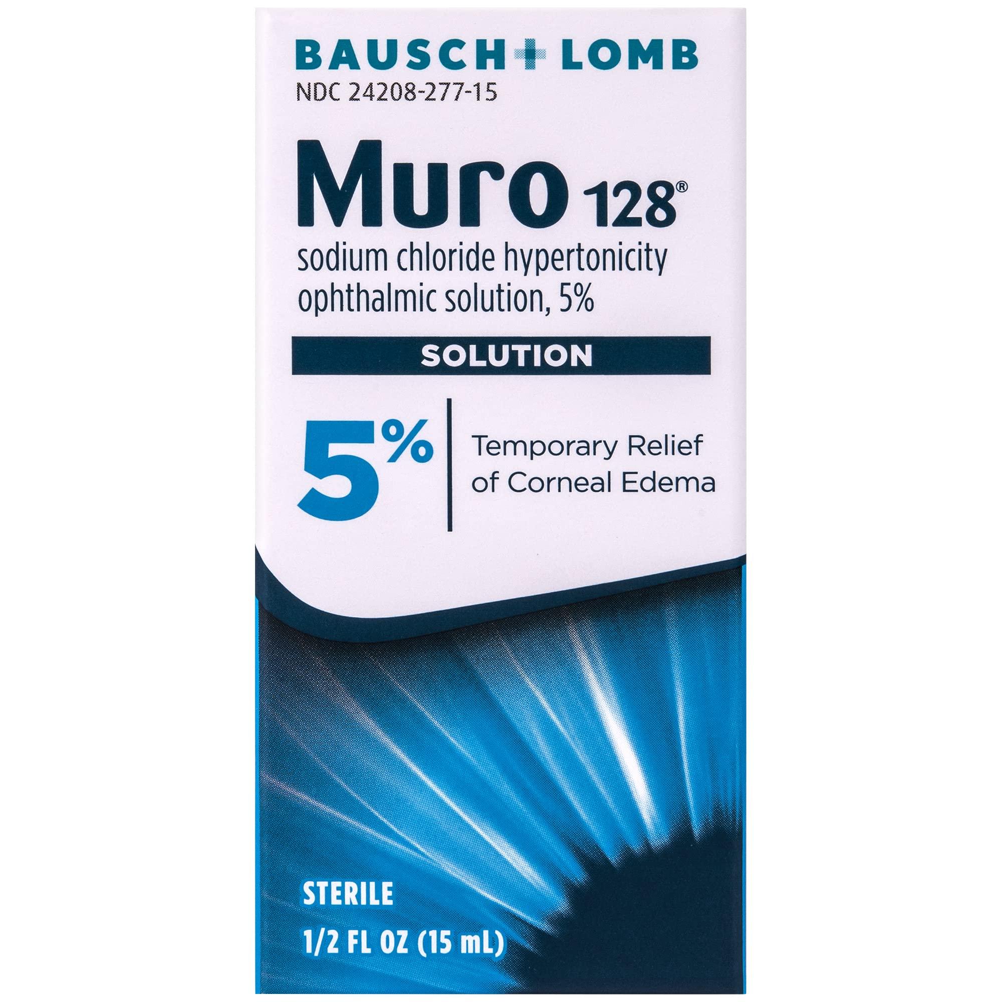 MUR0 Muro 128 Solution  Sodium Chloride Hypertonicity Ophthalmic Solution 5%, Temporary Relief of Corneal Edema, 0.5 fl oz (15 mL) (Pack of 2)