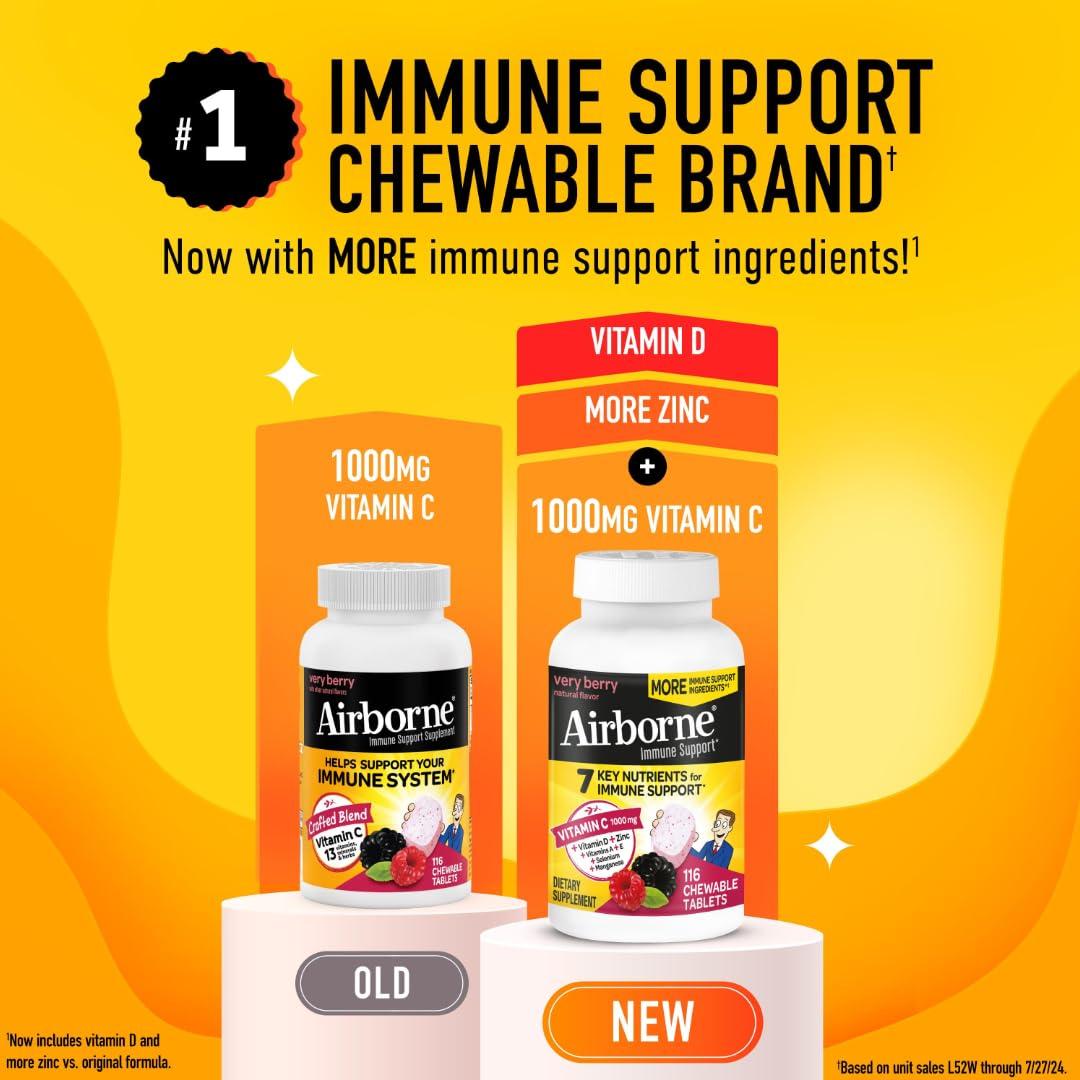 Airborne Airborne 1000mg Vitamin C + Zinc Immune Support Supplement Chewable Tablets, Very Berry Flavor with Powerful Antioxidants Vitamins A C & E, 116 Chewable Tablets (2 Pack)
