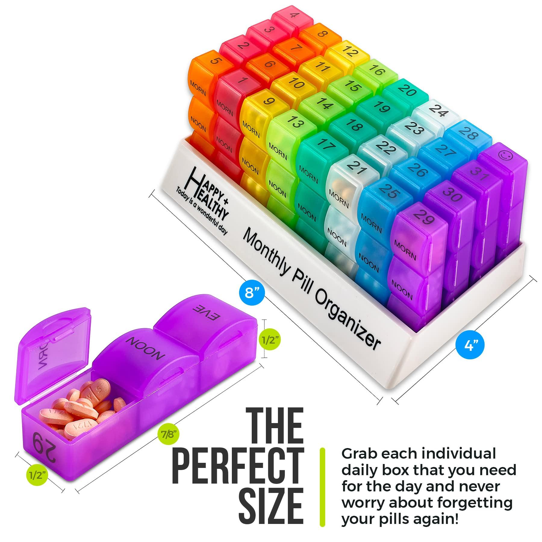 MEDca Month Pill Box Organizer - 3-Times-A-Day | Morning-Noon-Night - 30 Day Pill Case with 32 Daily Compartments for Vitamins, Supplements, Medication - Travel Monthly Pill Organizer 3 Times A Day