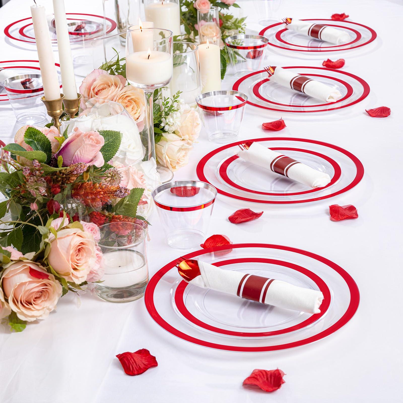 I00000 I00000 350 Pcs Clear and Red Plastic Plates,Valentines Disposable Dinnerware Set, Include 50 Dinner Plates 10.25\'\', 50 Dessert Plates 7.5\'\',50 Red Rim Cups,50 Per Rolled Napkins with Plastic Cutlery