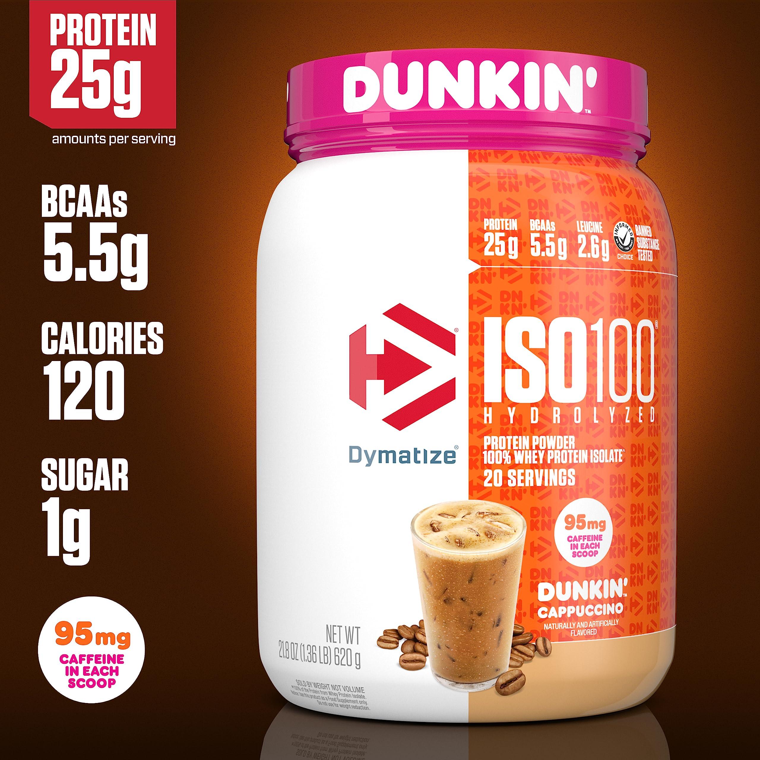 Dymatize Dymatize ISO100 Hydrolyzed 100% Whey Isolate Protein Powder in Dunkin\' Cappuccino Flavor, 25g Protein, 95mg Caffeine, 5.5g BCAAs, Gluten Free, Fast Absorbing, Easy Digesting, 21.5 Oz