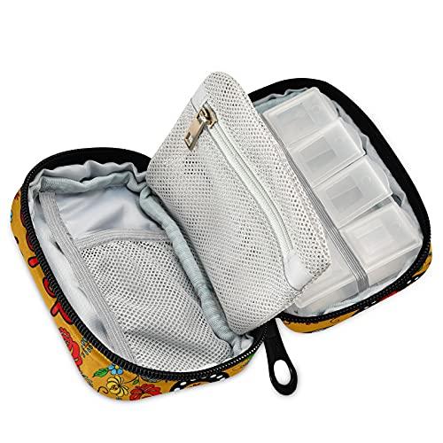TropicalLife Travel Pill Case Bag Floral Day of The Dead Sugar Skull Cat Weekly Pill Box 8 Compartments 7 Day Individual Pill Case Purse Zippered Medicine Case Organizer