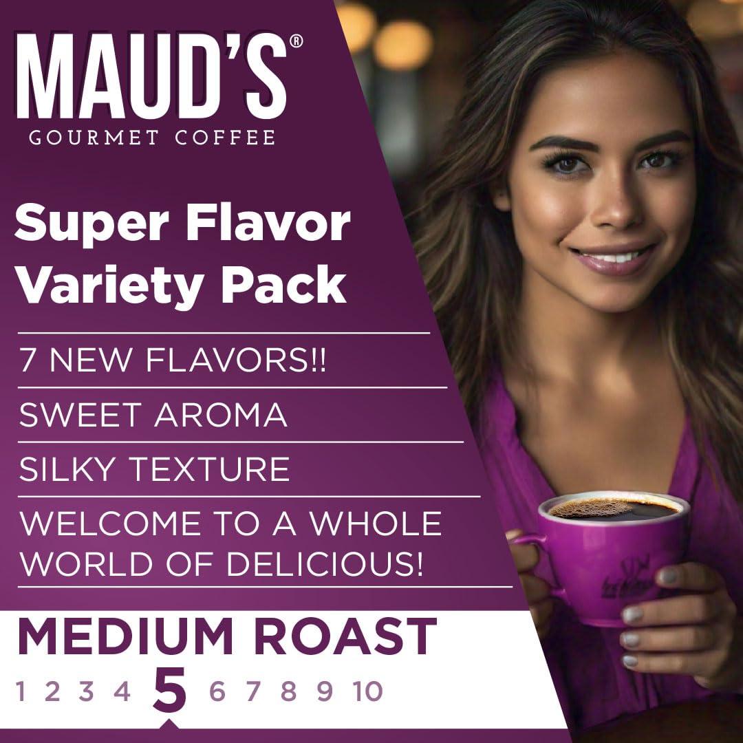 MAUD'S Maud\'s Super Flavored Coffee Pods Variety Pack, 80 ct | 16 Assorted Coffee Flavors | 100% Arabica Medium Roast Coffee | Solar Energy Produced Recyclable Pods Compatible with Keurig K Cups Maker