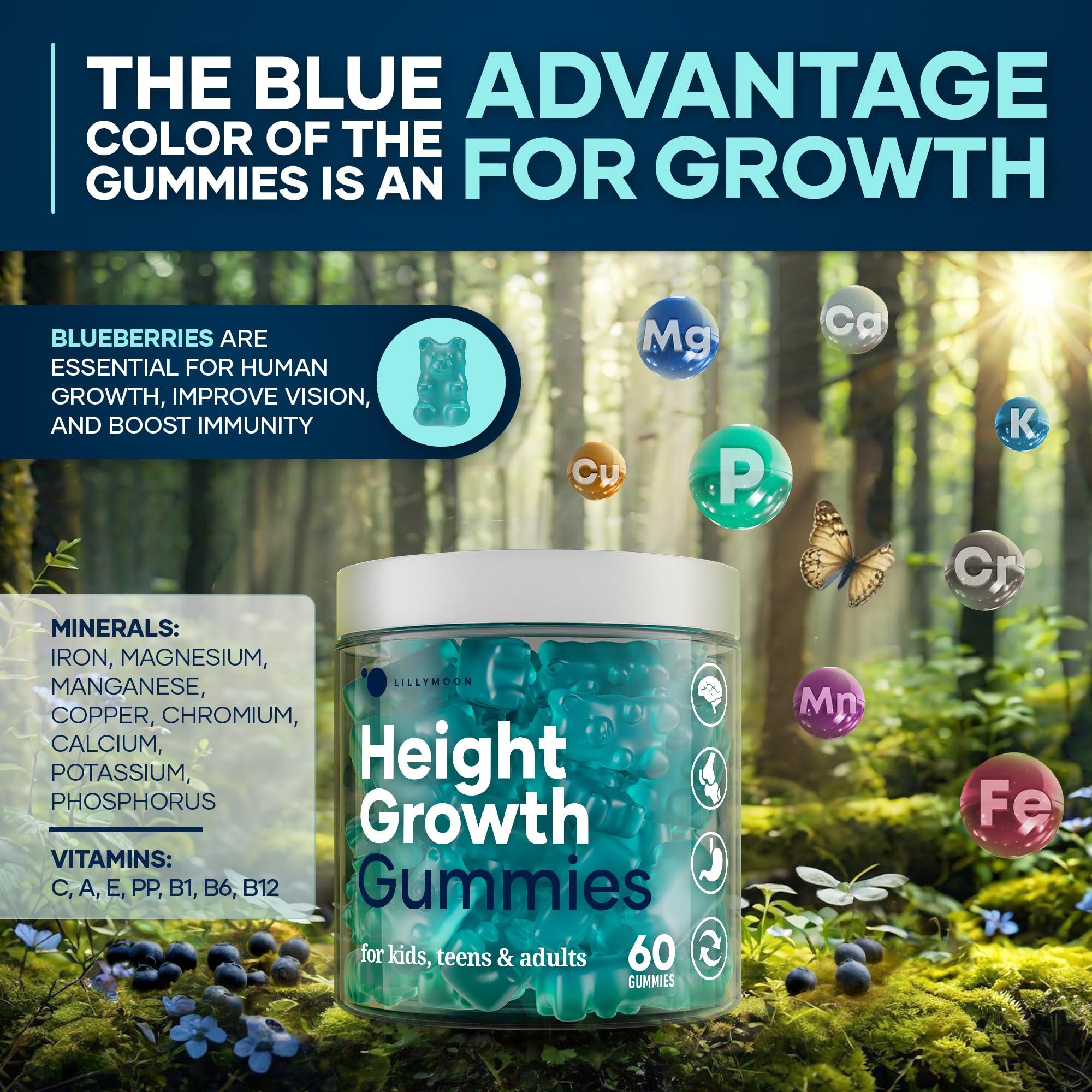 LILYMOON Height Growth Gummies Multivitamins, Natural Height Increase Supplement with Calcium, Zinc, K2 D3, Magnesium, Bone Strength Density Support, Grow Taller Gummies for Adults, Kids, Bone Support Complex