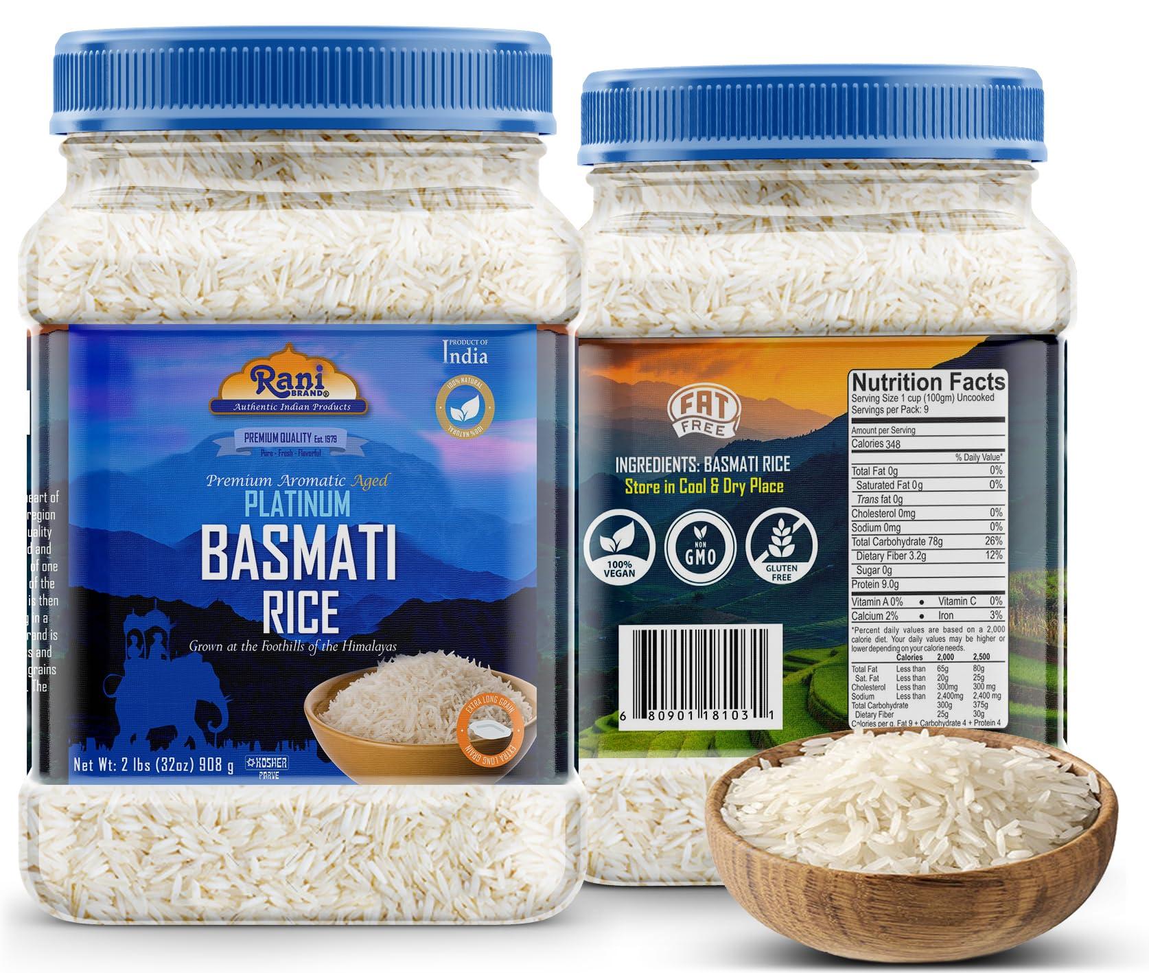 Rani Brand Authentic Indian Products Rani Platinum White Basmati Rice Extra Long Aged 32oz (2lbs) 908g PET Jar ~ All Natural | Gluten Friendly | Vegan | Indian Origin | Kosher | Export Quality