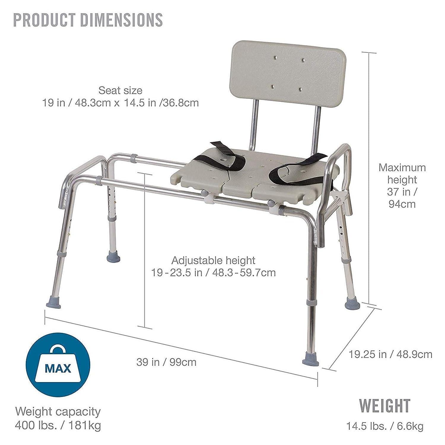 DMI DMI Tub Transfer Bench and Shower Chair with Non Slip Aluminum Body, FSA Eligible, Adjustable Seat Height and Cut Out Access, Holds Weight up to 400 Lbs, Bath and Shower Safety, Transfer Bench