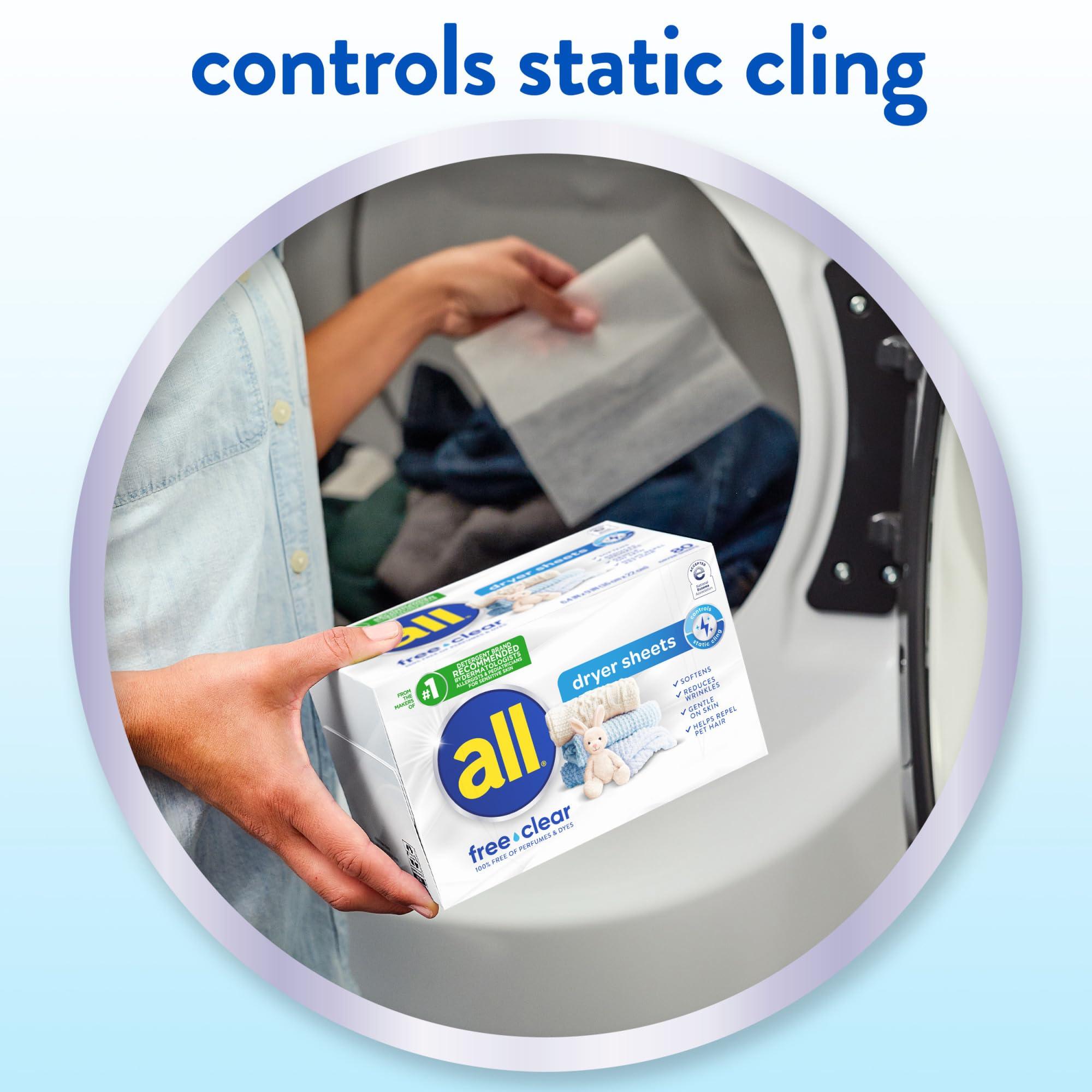 all all Fabric Softener Dryer Sheets for Sensitive Skin, Free Clear, 80 Count