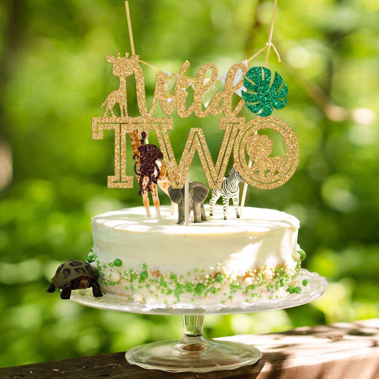 Sriburcio Gold Glitter Two Wild Cake Topper, Born Two Be Wild/Happy 2nd Birthday/Two Cute/Two Fast, Jungle Wild Themed Baby's 2nd Birthday Party Decorations