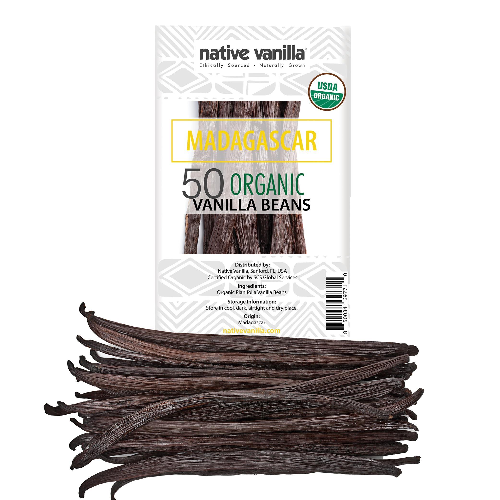 Native Vanilla 50 Organic Madagascar Vanilla Beans - Gourmet Grade A Premium Vanilla Pods - For Vanilla Extract & Baking - For Cooking, Desserts & More - 100% Vegan & Kosher - Non-GMO & Gluten-Free - Native Vanilla