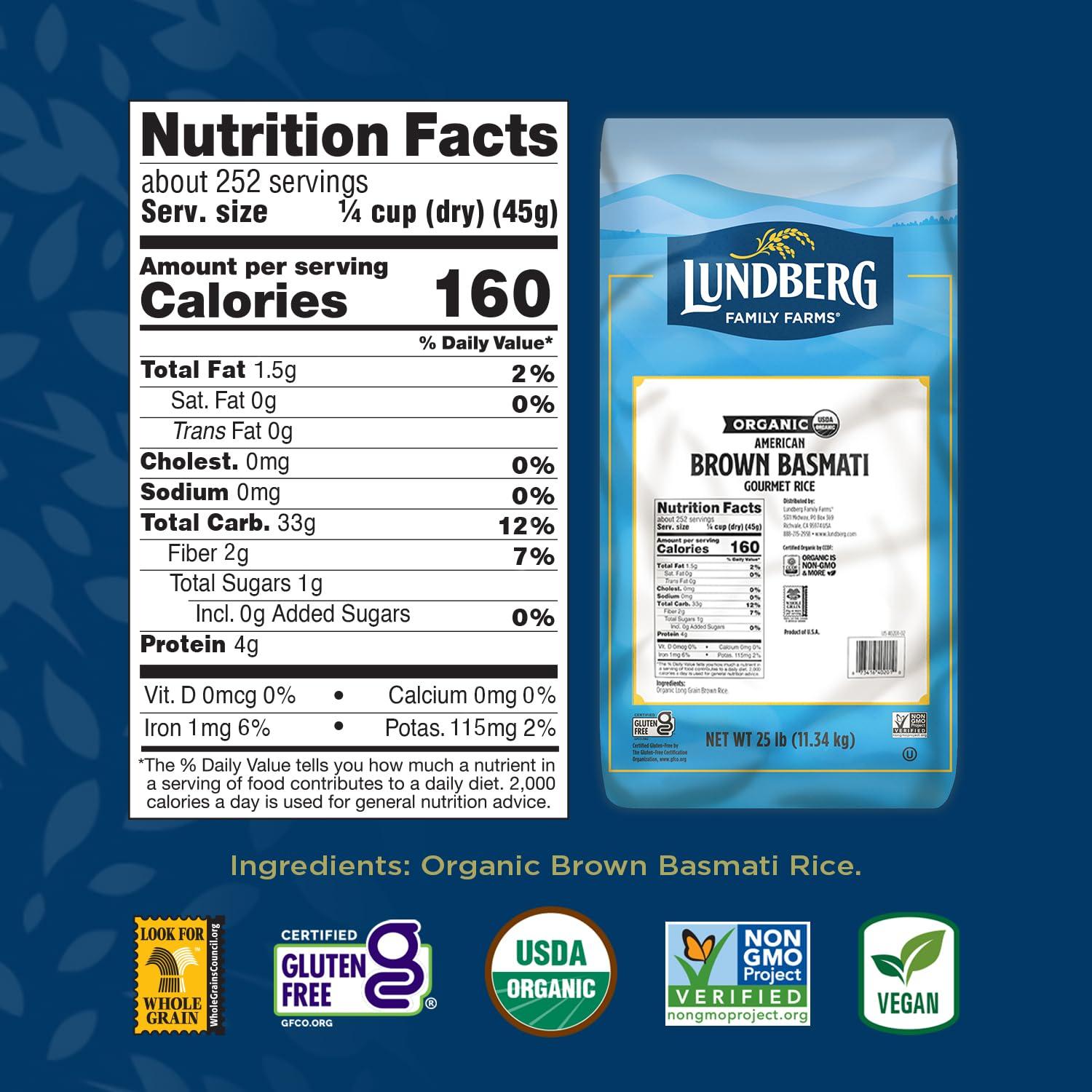 Lundberg Lundberg Basmati Rice, Organic Long Grain Brown Rice - Non-Sticky, Fluffy Aromatic Rice, Healthy Food, Bulk Rice Grown in California, Pantry Staples, 25 Lbs