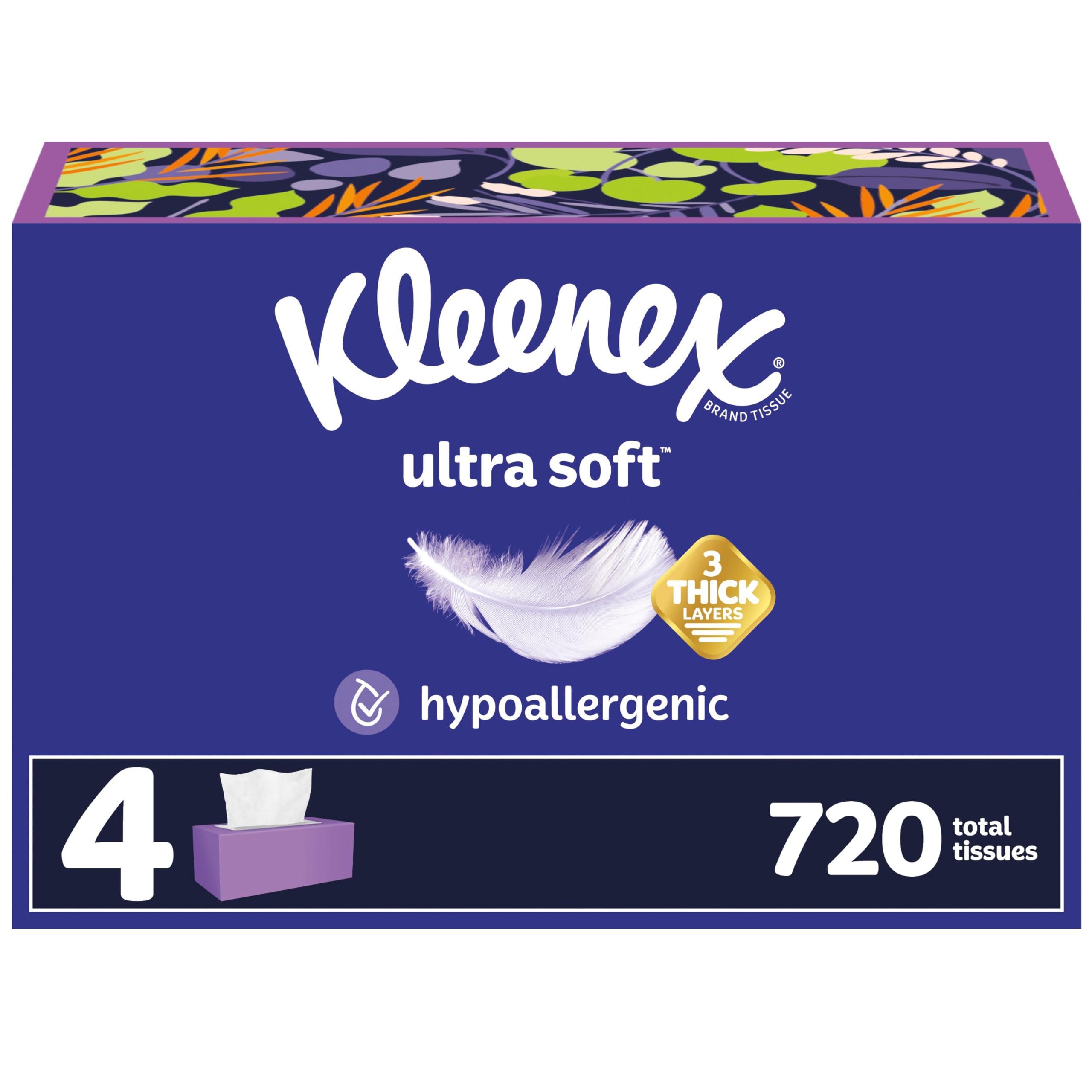 Kleenex Kleenex Ultra Soft Facial Tissues, 4 Flat Boxes, 180 Tissues per Box, 3-Ply, Packaging May Vary