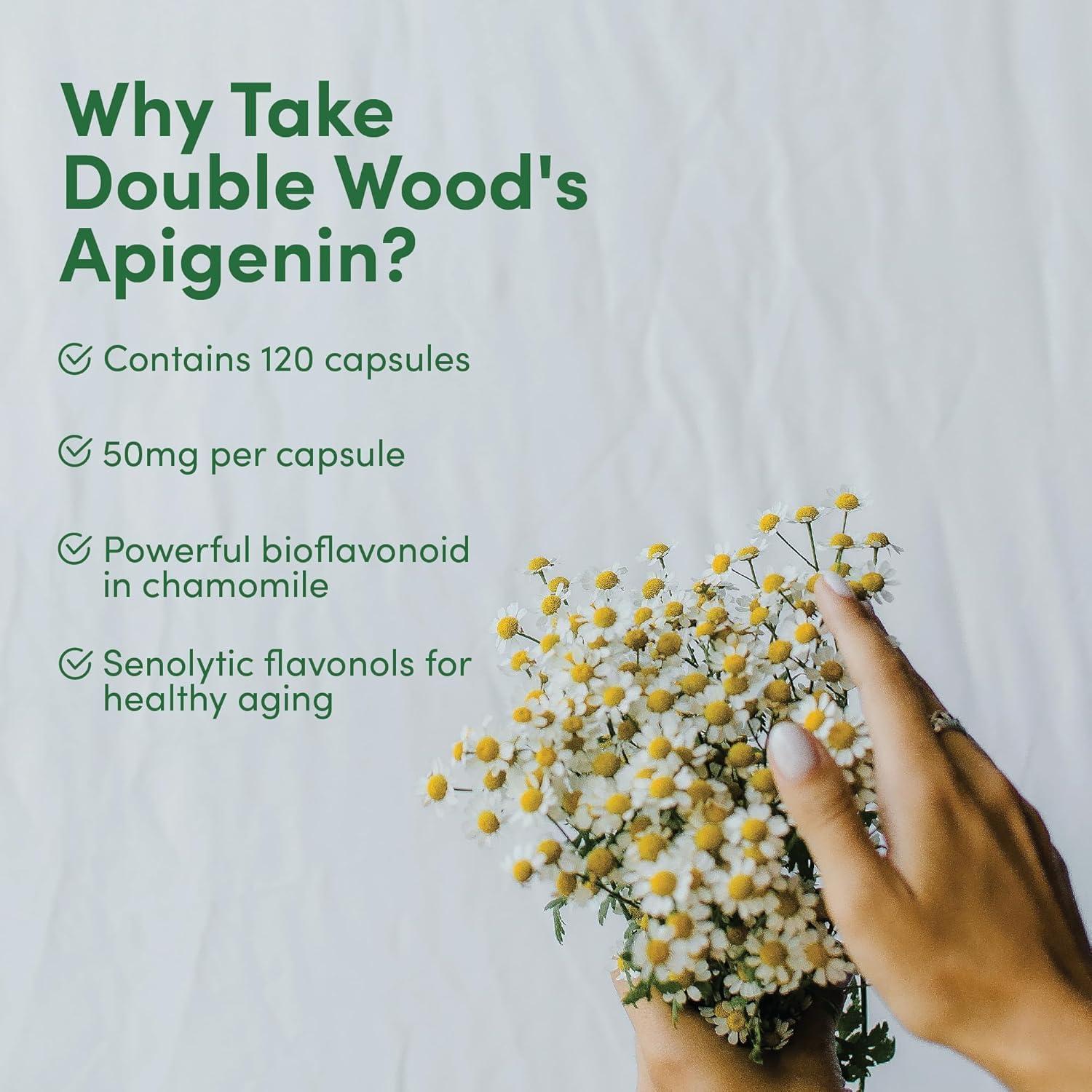Double Wood Supplements Apigenin Supplement - 50mg per Capsule, 120 Count (Powerful Bioflavonoid Found in Chamomile Tea for Relaxation, Sleep, and Mood) Senolytic Flavonols for Aging (Gluten Free) by Double Wood