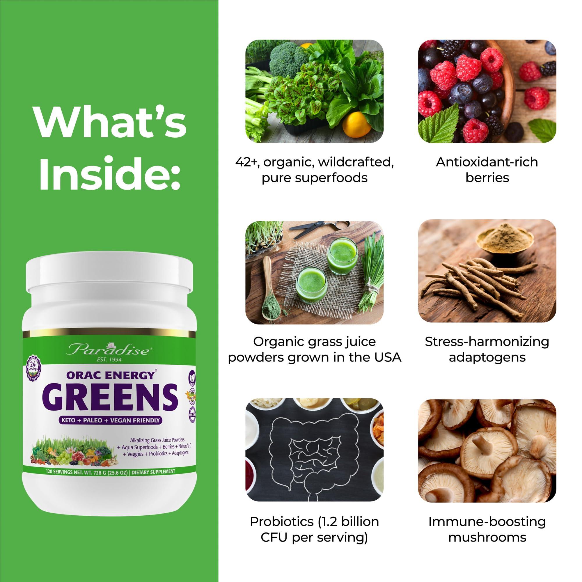 Paradise Herbs Paradise Herbs, ORAC Energy Greens Powder, Antioxidant Power of 24 Servings of Fruits & Vegetables in 1 Scoop, 120 Servings