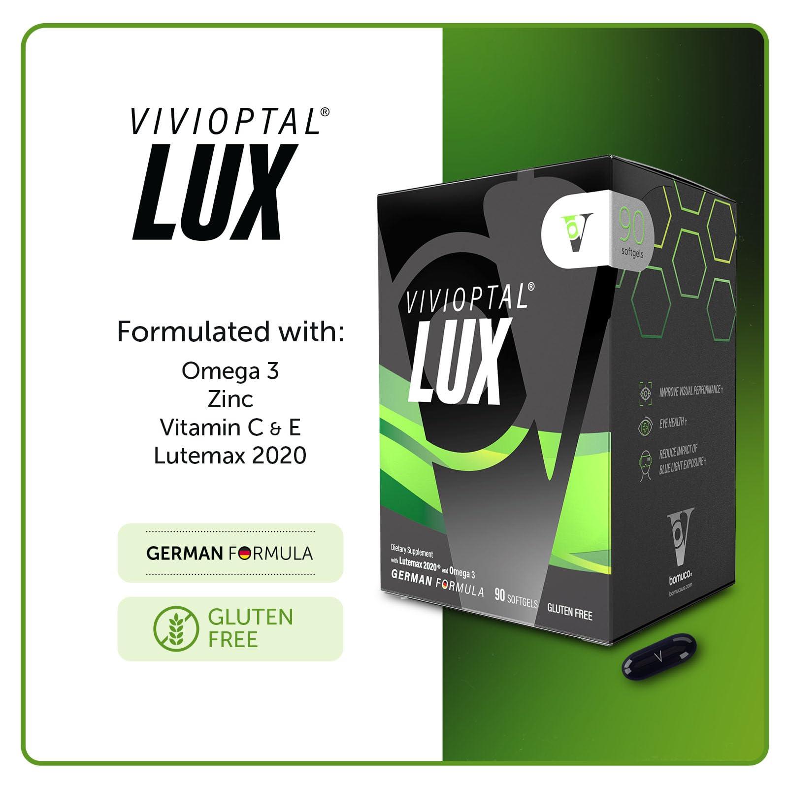 Vivioptal Vivioptal Lux, 90 Softgels, Adult Vitamins, Improve Visual Performance, Omega 3, Zinc, and Vitamin C & E, Multivitamin & Multimineral, Gluten Free, German Formula