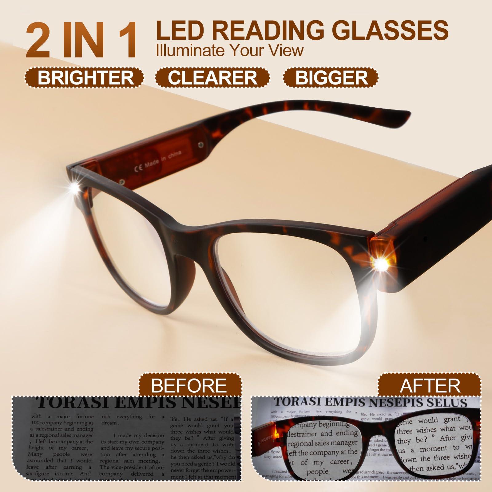 OuShiun OuShiun USB Rechargeable Reading Glasses with Light Bright LED Readers Blue Light Blocking Eyeglasses for Women Men (Demi, 1.5X)