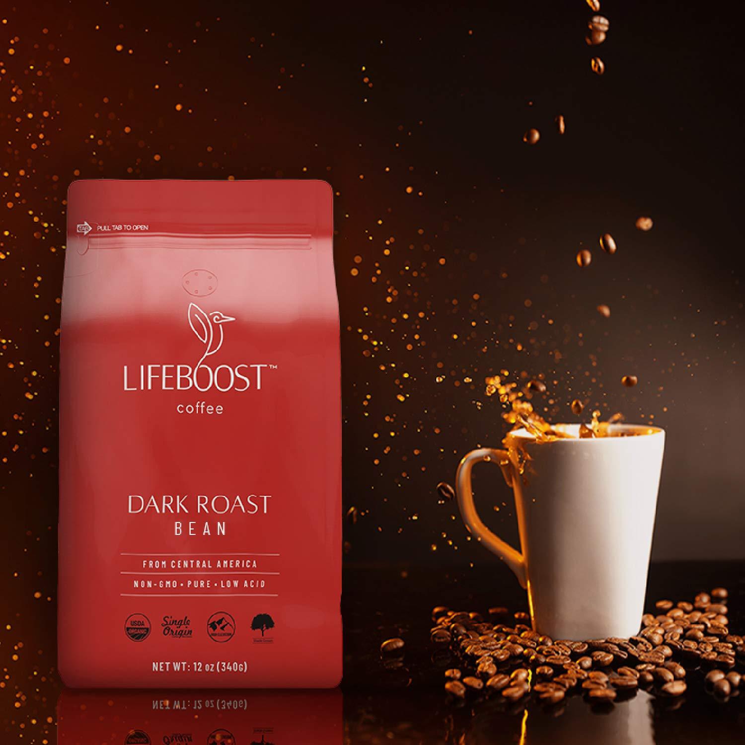 LIFEBOOST Lifeboost Coffee Dark Organic Coffee Beans - Dark Roast Low Acid Coffee Beans - Single Origin Non-GMO Organic Coffee - Third Party Tested For Mycotoxins & Pesticides - Whole Bean - 12 Ounces