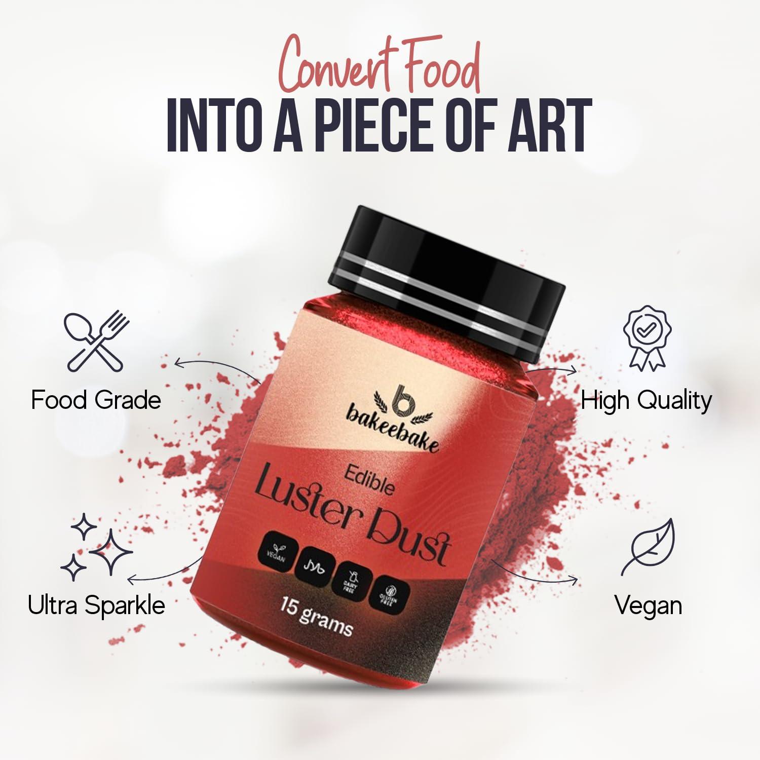Bakeebake Bakeebake Luster Dust Edible 15g - Edible Glitter for Drinks & Desserts - Gluten Free Edible Red Dust for Cake Decorating Tasteless Vegan Drink Glitter for Cocktails and Parties (Red)