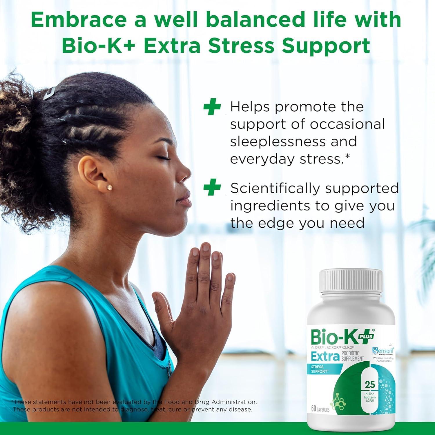 Bio-K Plus Bio K+ Extra Stress Support with Sensoril - Ashwagandha  Vegan Probiotics Supplement for Everyday Stress, Relieving Sleeplessness - 25 Billion CFU 3 Strains  60 Capsules