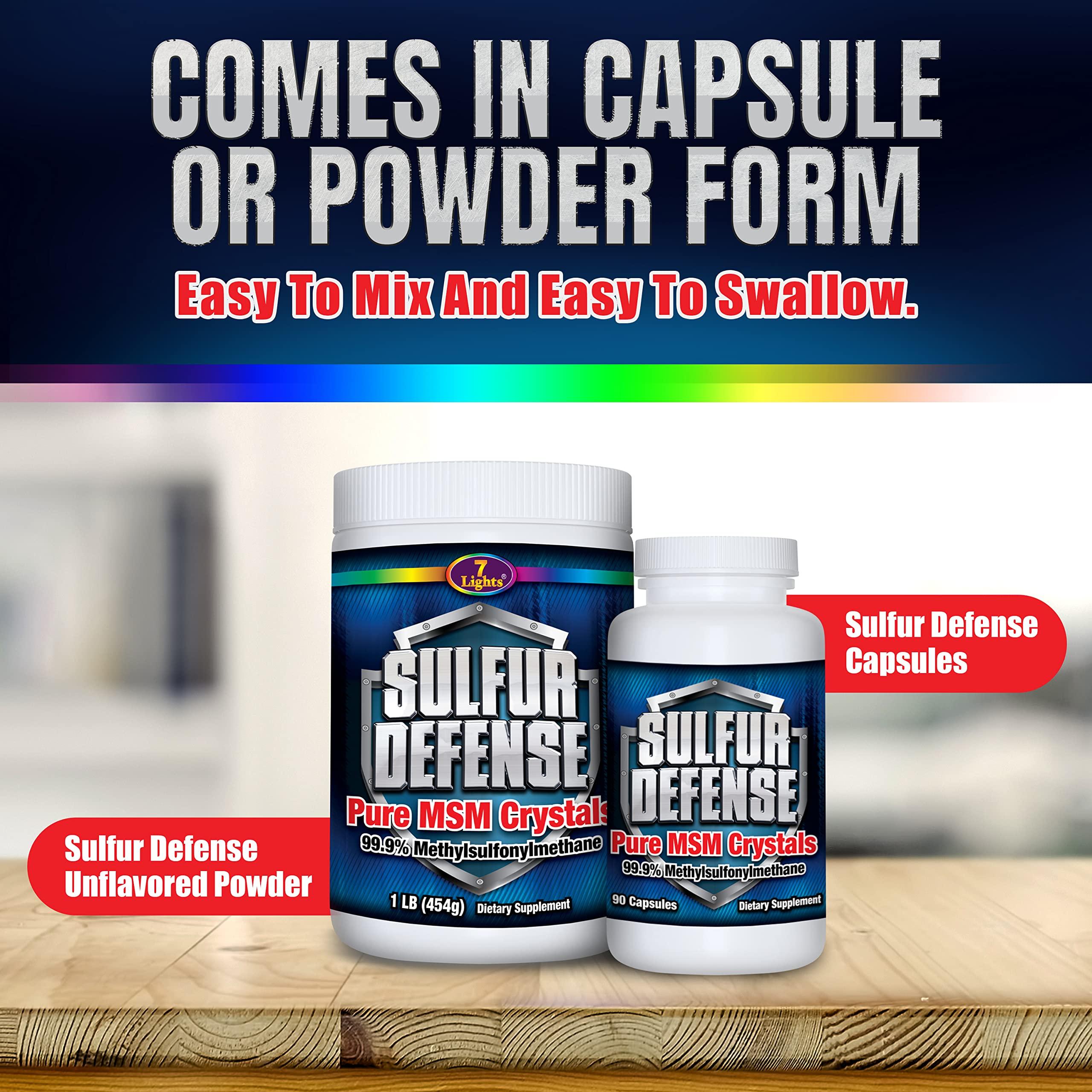 7 Lights Sulfur Defense Opti-MSM 99.9% Pure MSM Powder Capsules, Made in USA, Organic Methylsulfonylmethane, Non-GMO, Gluten-Free, Immune System Booster, Soothes Joint Pain, Younger Skin, Hair, Nails, 90 caps