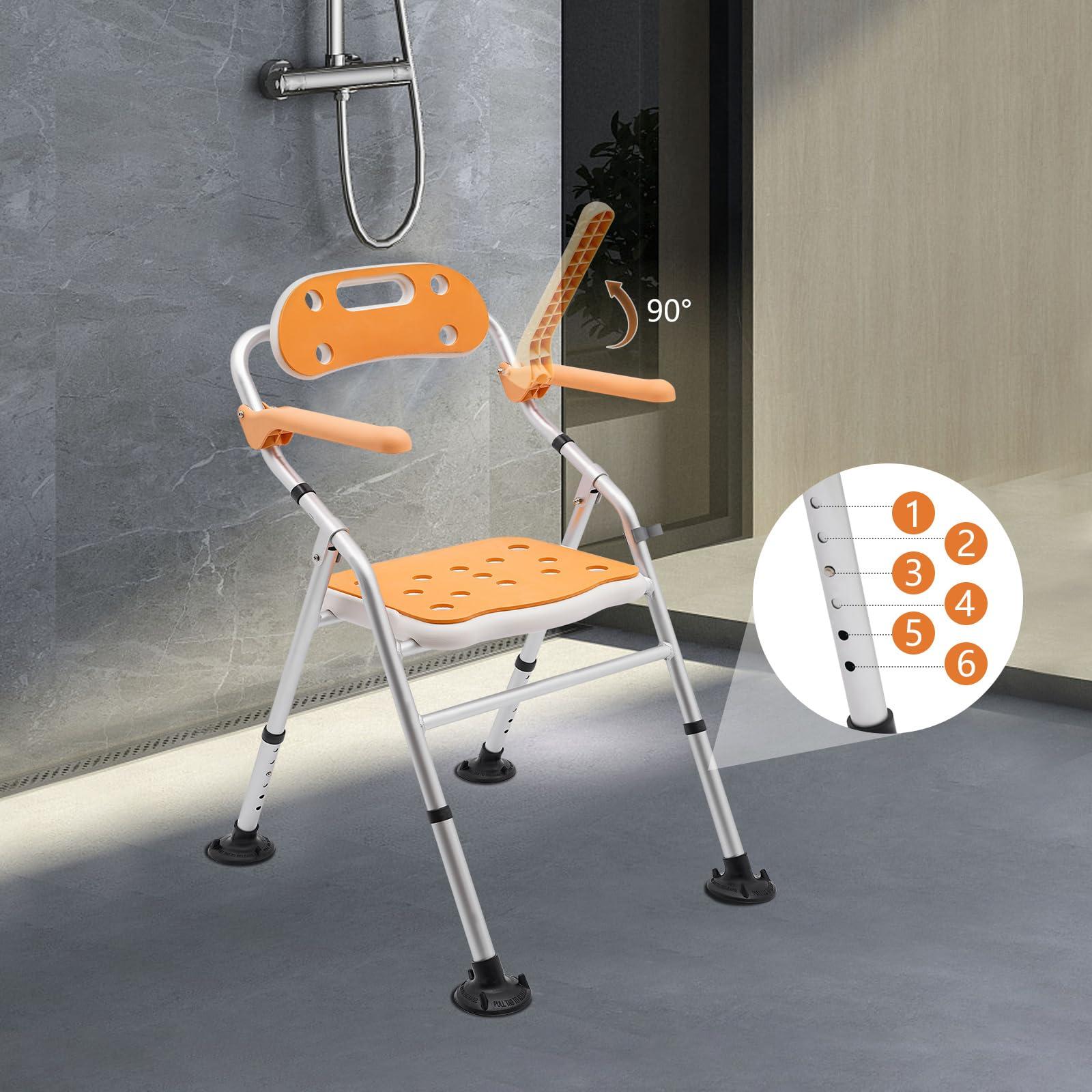 CNCEST CNCEST Folding Shower Chair, 6 Levels Height Adjustment Lightweight Bath Safety Toilet Seat with Soft EVA Cushion and Detachable 5L/1.32Gal Commode for Seniors (Orange)