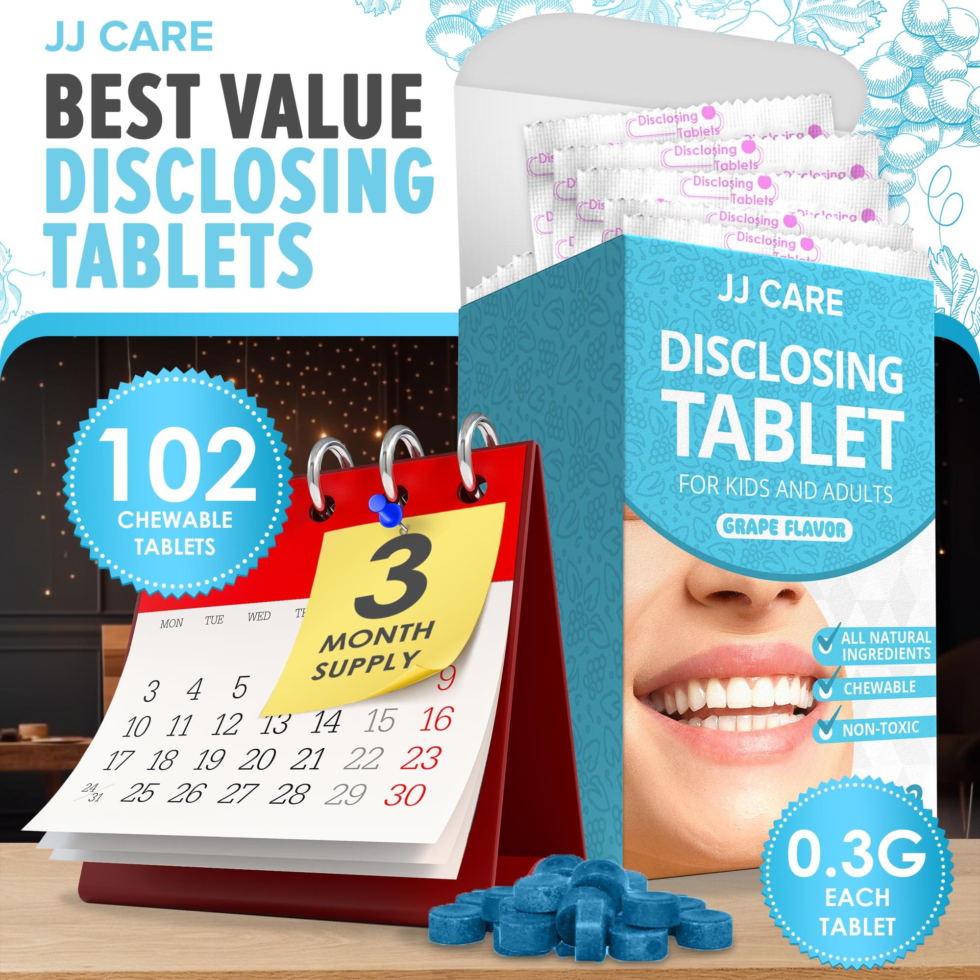 JJ CARE JJ Care Disclosing Tablets for Teeth- 102 Count Grape Flavored Plaque Disclosing Tablets for Kids and Adults, 3 Month Supply of Teeth Coloring, Individually Wrapped Plaque Tablets