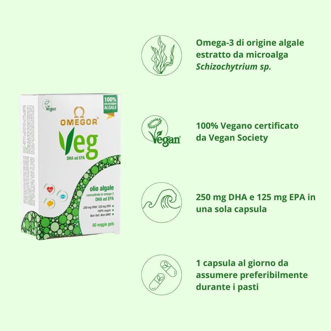 OMEGOR Omegor Veg Omega-3 Vegan (60 Capsules) Plant-Based Omega-3 Derived from Algal Oil, Enriched with Vitamin E Contains 250mg DHA and 125mg EPA per Capsule IFOS and Vegan Society Certified