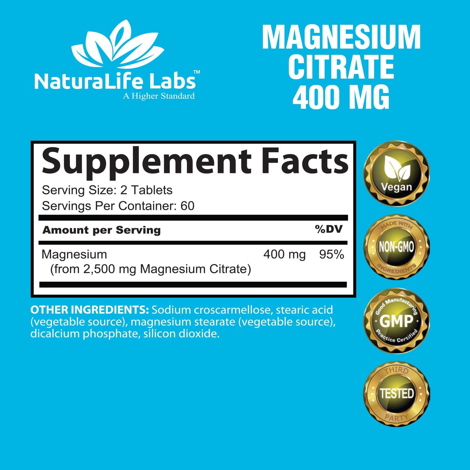 NaturaLife Labs Magnesium Citrate 400 mg - High Potency Elemental Magnesium Essential Mineral for Heart, Muscle, & Digestion Support Non-GMO - 120 Tablets