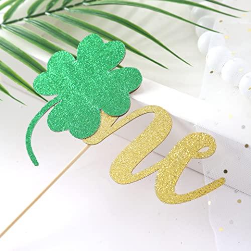BOOMPA St Patrick’s Day Birthday Cake Topper - Lucky St Paddy’s Day Four Leaf Clover - Irish Themed Cake Decorations - Lucky 1st Happy Birthday For Gold Cake Flag - Best Photo Booth Props (ONE)