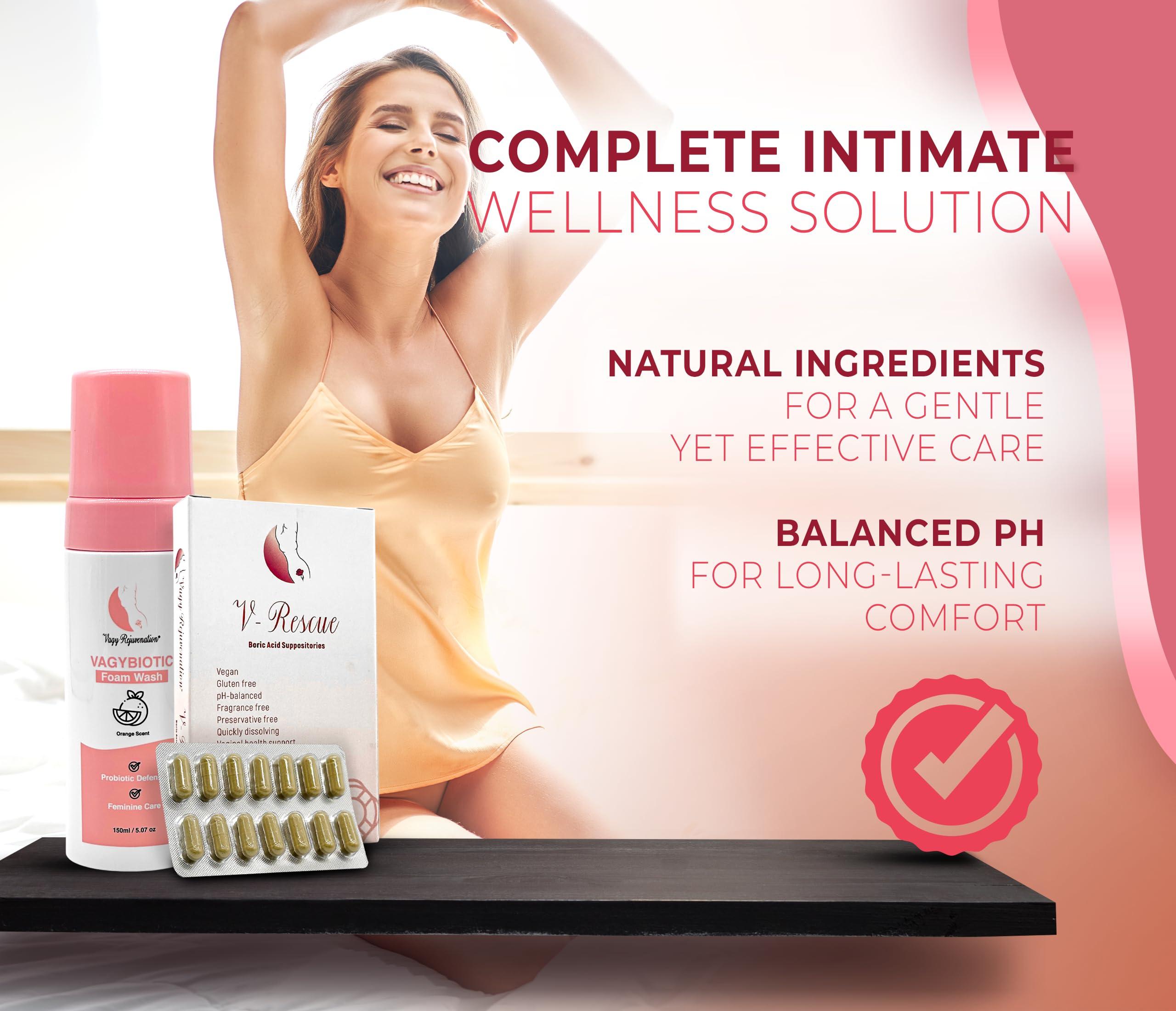 Vagy Rejuvenation Vagy Rejuvenation Biotic Bundle V-Rescue + VagyBiotic Foam Feminine Care Kit with Boric Acid Suppositories & Probiotic Feminine Wash Gentle, pH-Balanced Hygiene