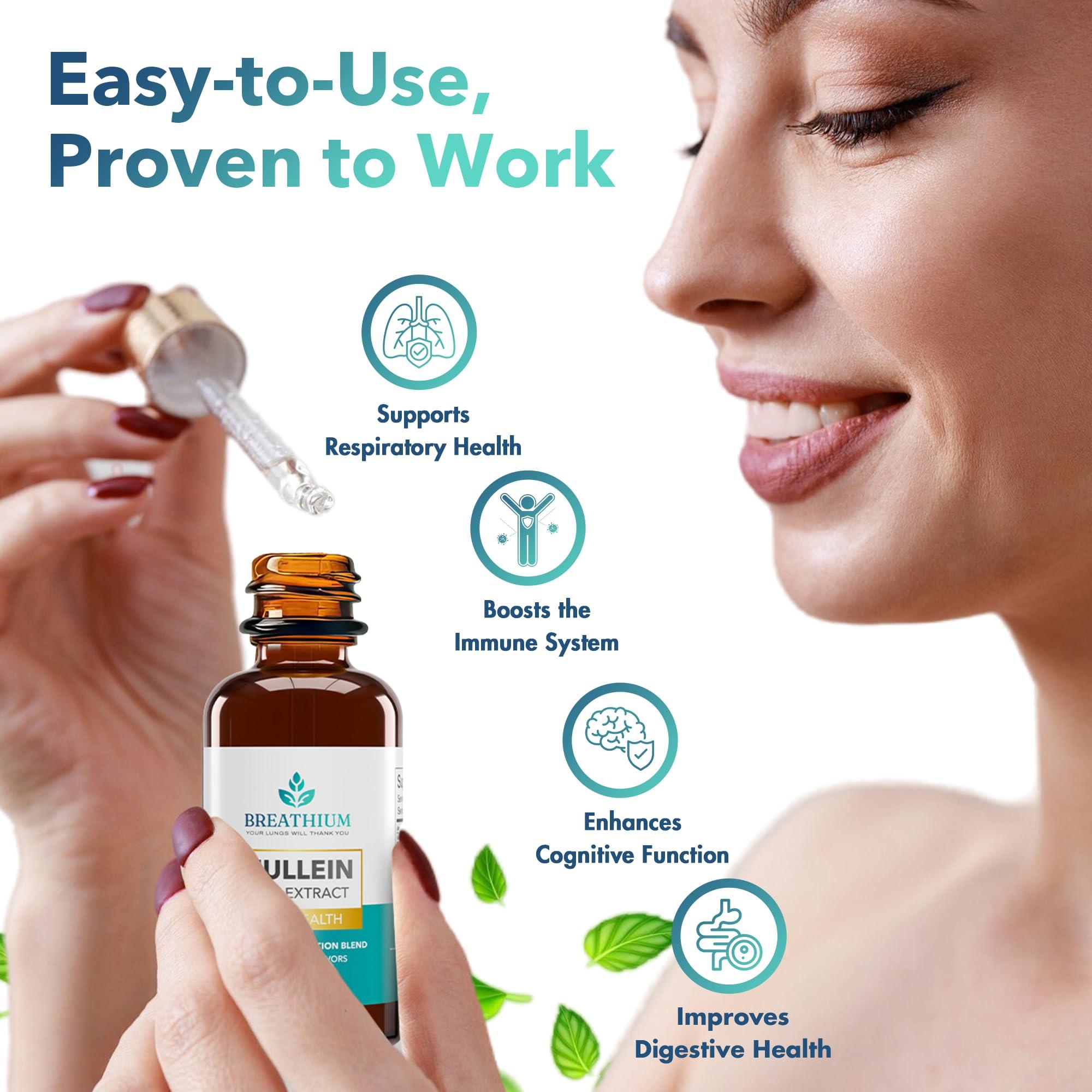 BREATHIUM BREATHIUM Organic Mullein Drops for Lungs  Rapid Mucus & Sore Throat Relief  Liposomal Mullein Leaf Extract Supplement for Healthy Breathing  Sunflower Lecithin, & Peppermint Tea  Made in USA