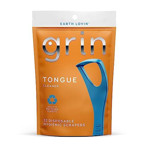 Grin GRIN Tongue Cleaner, 32 Count, Disposable Tongue Cleaner, Hygienic Scraper, Recycled Plastic, Clean Tongue, Promote Fresh Breath, Includes Safe Fold- Back Tooth Pick (Pack of 2)