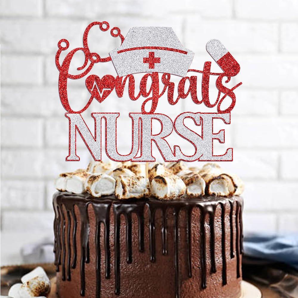 Dcokska Dcokska Congrats Nurse Cake Topper, Future Nurse Cake Topper, Congrats RN, Nurse Graduation/Medical School Graduation Party Decorations Supplies/Dinner Party Cake Topper Decorations (Red & Silver-1)
