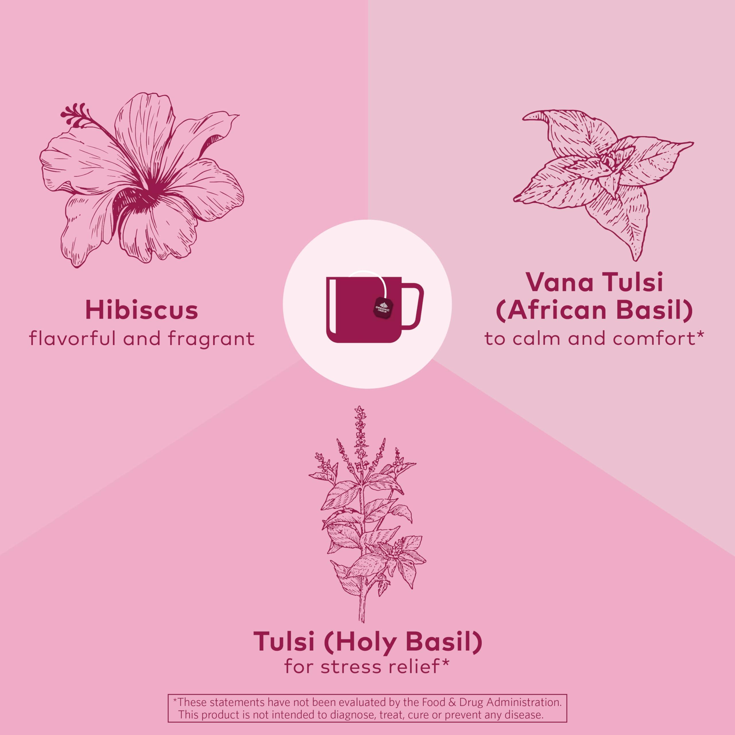 ORGANIC INDIA ORGANIC INDIA Tulsi Hibiscus Tea Bags - Holy Basil Herbal Tea, Stress Relieving, Immune Support, Adaptogen, USDA Certified Organic, Non-GMO, Calming, Caffeine-Free - 18 Infusion Bags, 1 Pack