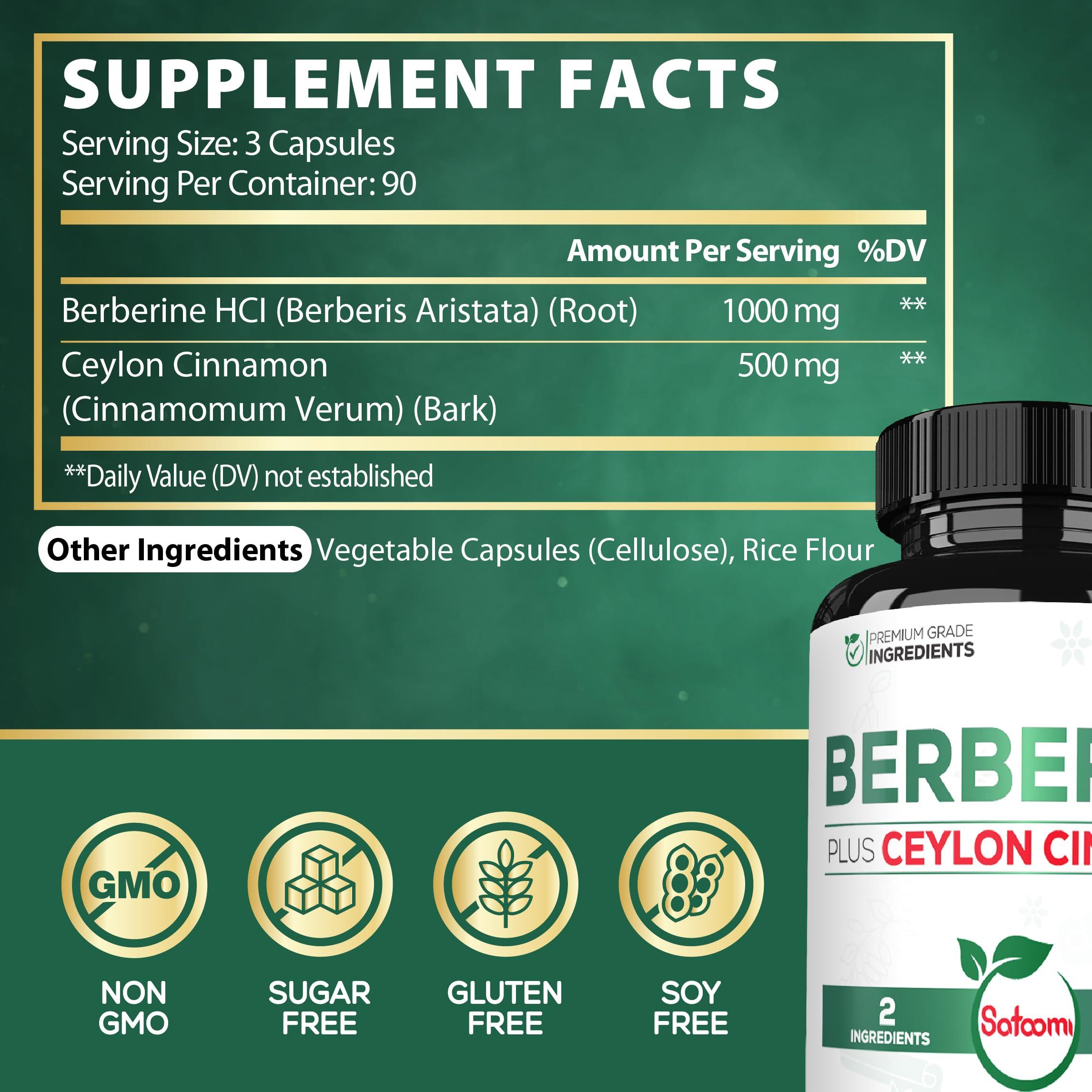 Satoomi Berberine with Ceylon Cinnamon Supplement - 1500mg Extra Strength for Immune System, Digestive Health, Body Management & Energy Production - 270 Capsules - Gluten-Free, Non-GMO