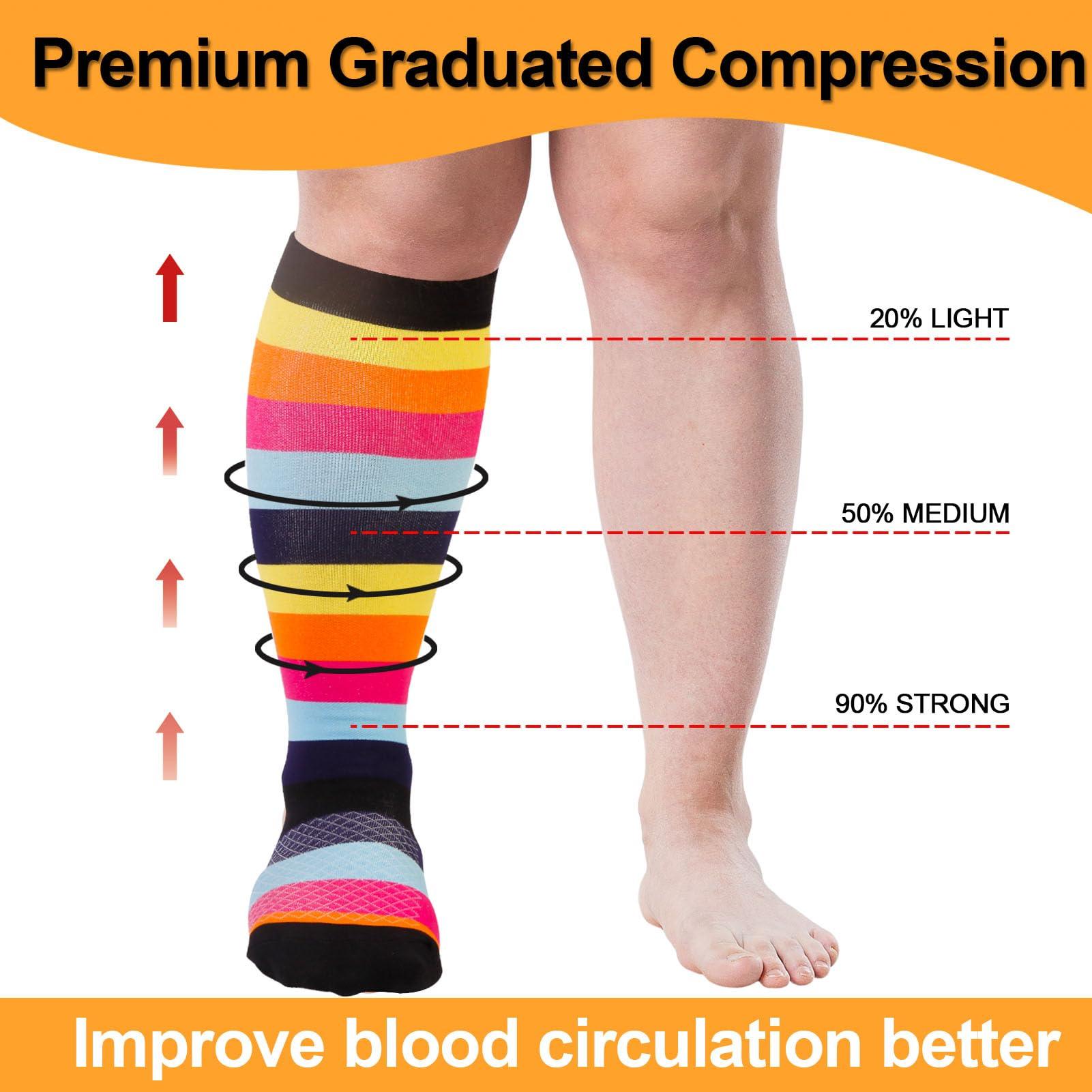 VOMFIT 4 Pairs Plus Size Compression Socks for Women & Men, Extra Wide Calf 20-30 mmhg Knee High Compression Stockings for Circulation Swelling Support